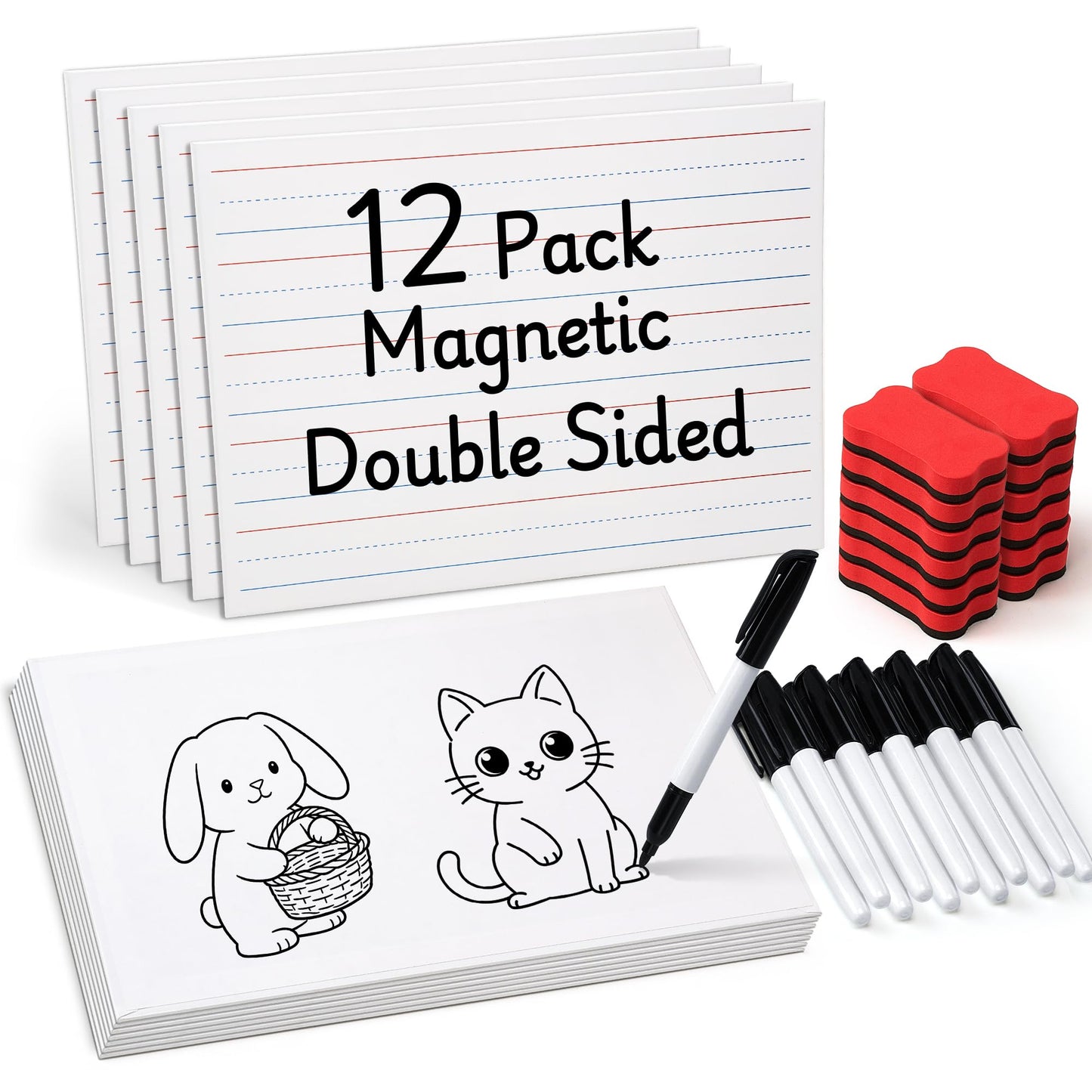 GAMENOTE White Board Dry Erase, Small Magnetic Lined White Board Set, Double Sided Magnet Ruled Lap Boards Whiteboard for Kids and Student Learning, 9x12 Inches (Pack of 12)