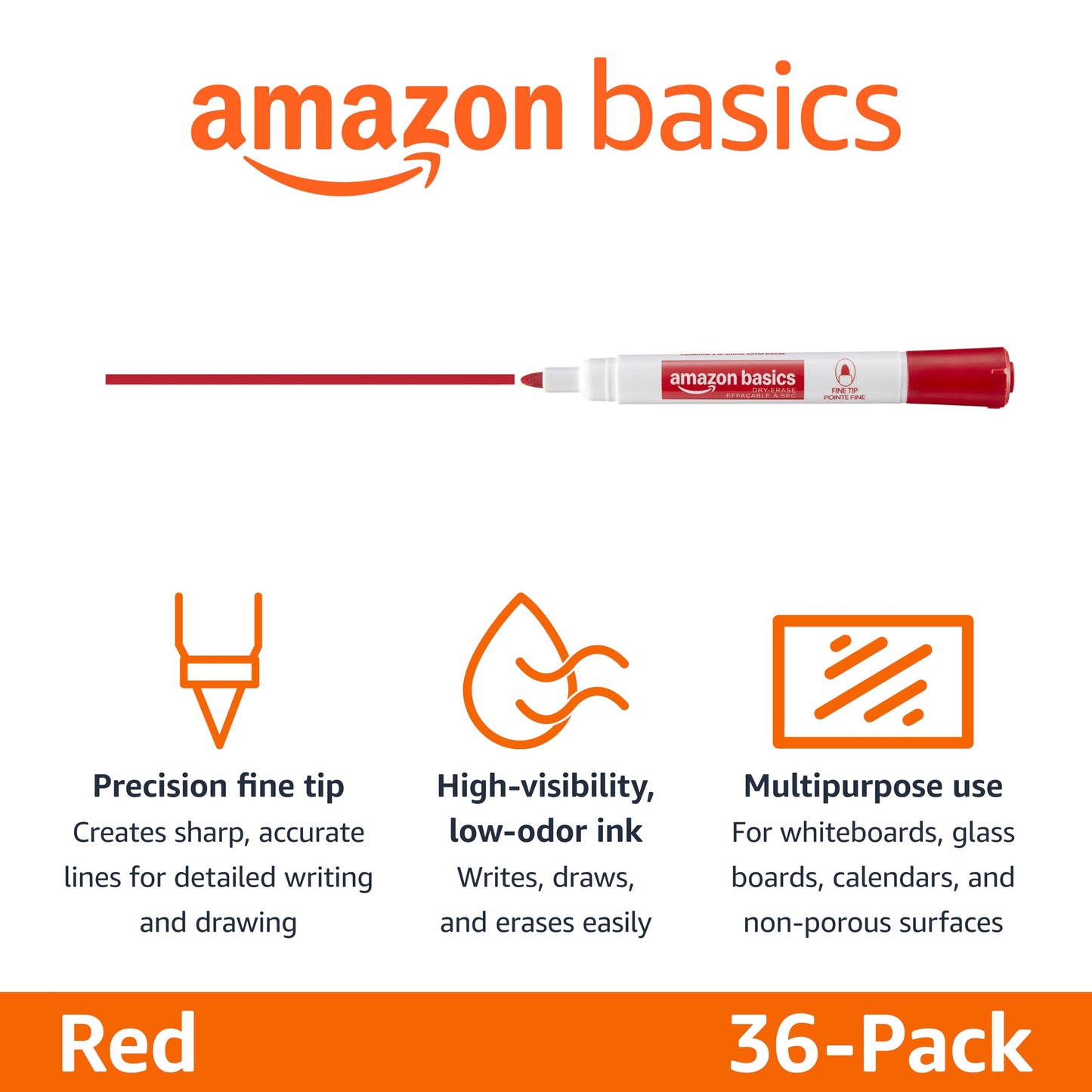 Amazon Basics Low-Odor Dry Erase Whiteboard Markers, Fine Tip, Quick-Dry, Red, 36-Pack