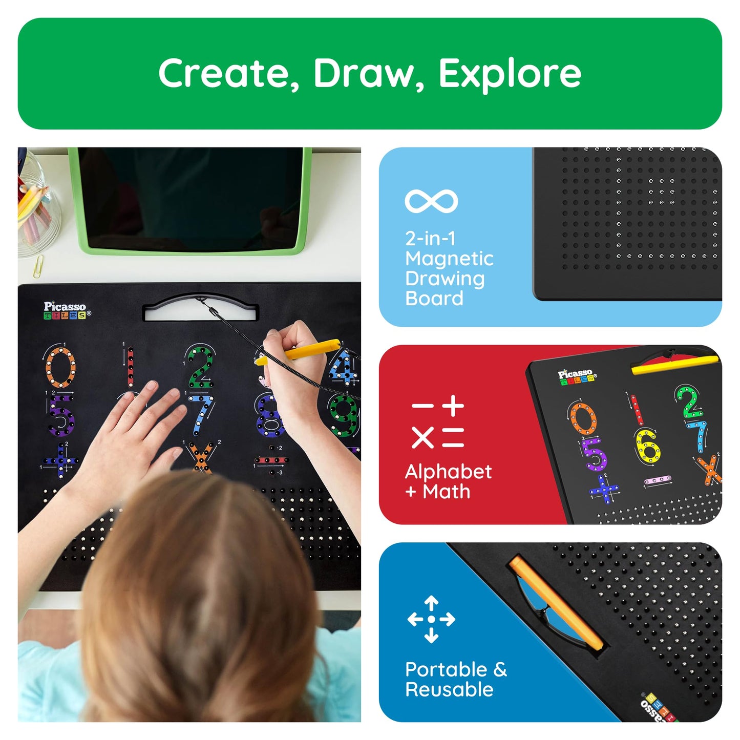 PicassoTiles 2in1 Magnetic Drawing Board Toy 12x10 In Large Magnet Bead Pad with Alphabet and Math Side in Black STEM Educational Writing Playboard Reusable Erasable Learning Tablet for Kids PTB02-BLK