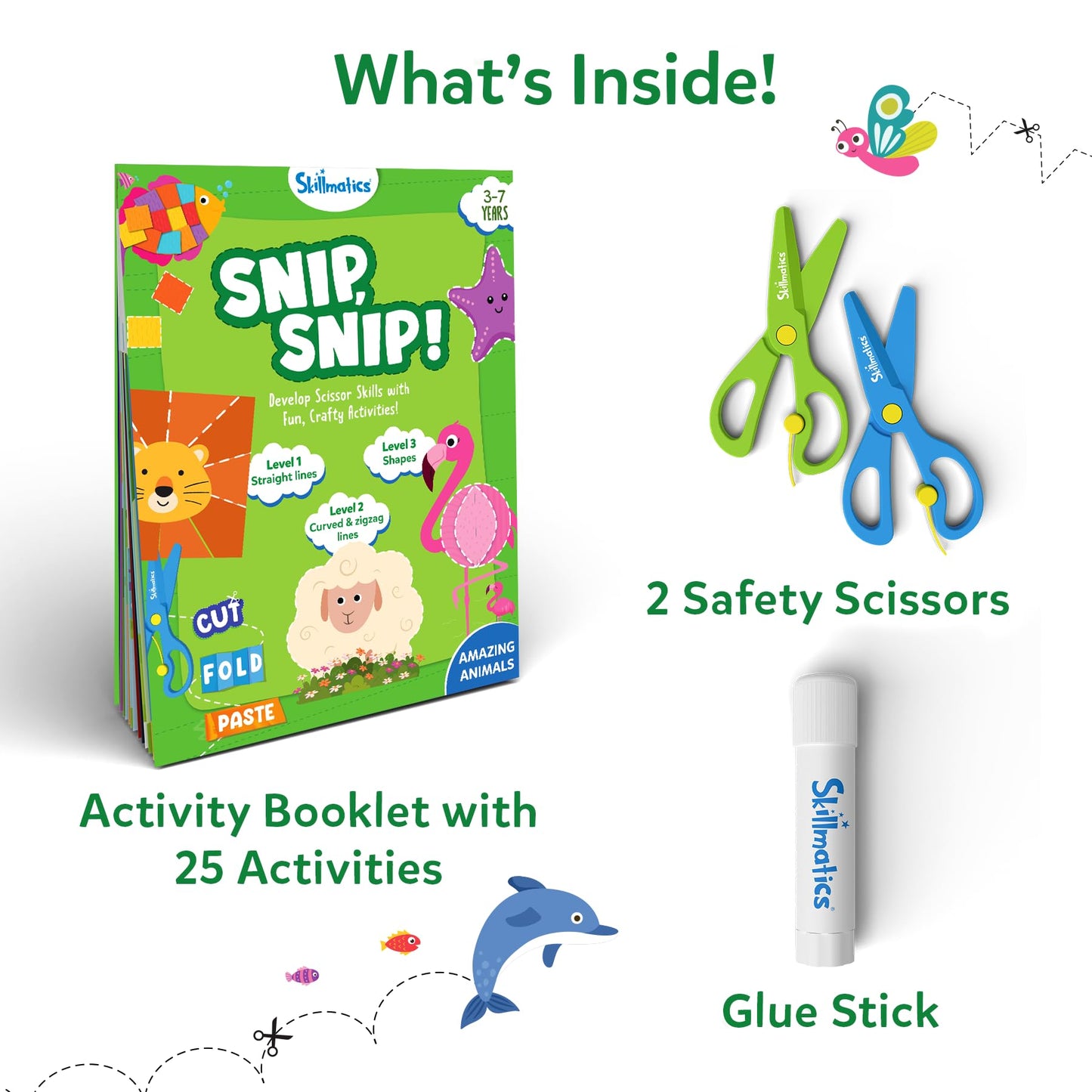 Skillmatics Scissor Skills Activity Book - Snip Snip Animals, 25 Fun Cutting & Creative Activities for Preschoolers, 2 Child-Safe Scissors, Felt Craft Kit, Gifts for Kids Ages 3, 4, 5, 6, 7