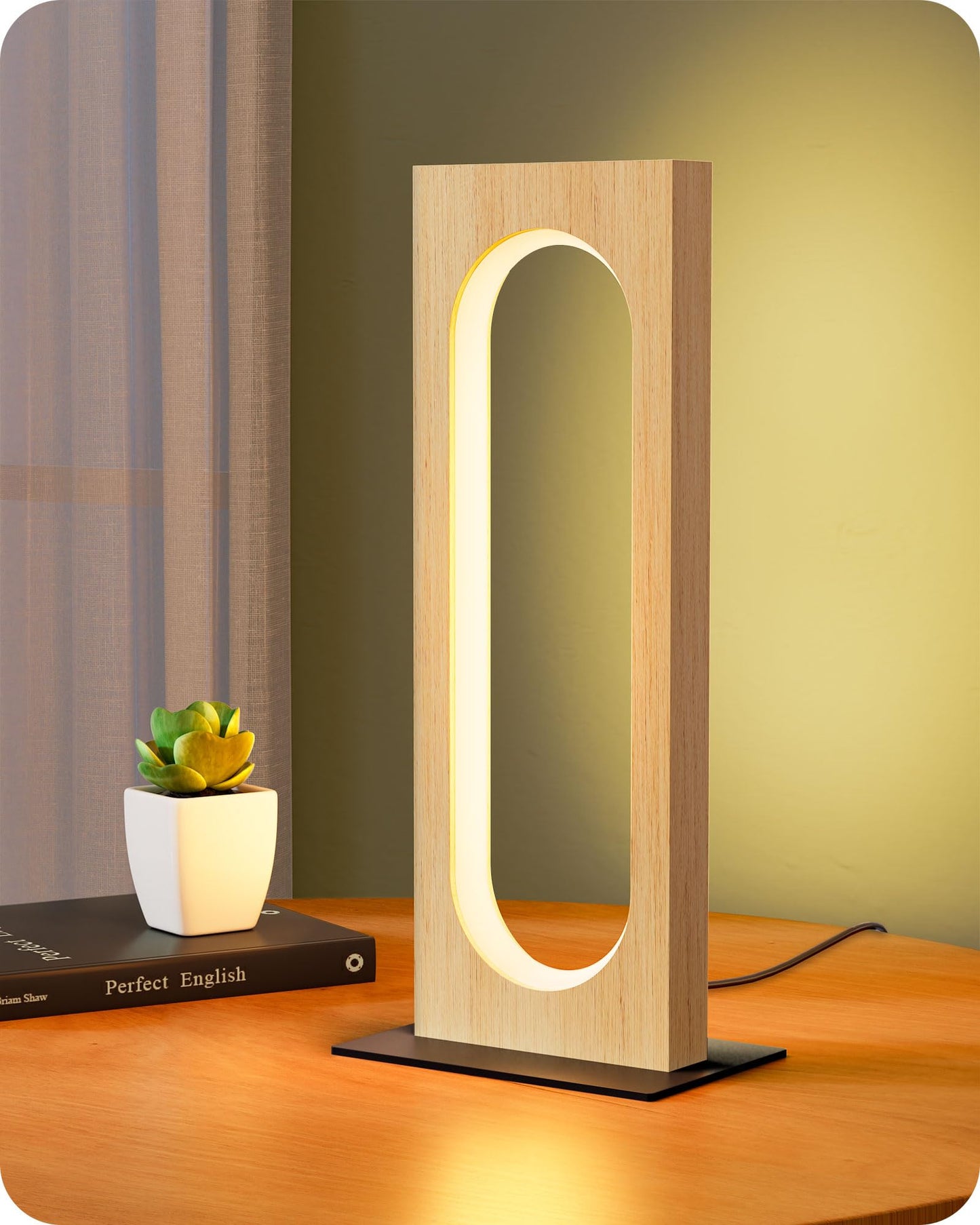 EDISHINE LED Table Lamp, Dimmable Touch Control, 3 Color Temperatures, Wooden Nightstand Lamp, Light Wood Color
