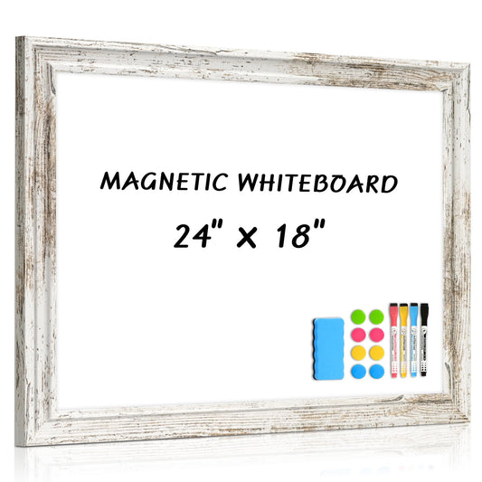 QUEENLINK White Board for Wall, 24'' x 18'' Magnetic Dry Erase Board, Decorative Whiteboard with Vintage Wooden Frame, Hanging Writing Board for Home Office School Dorm