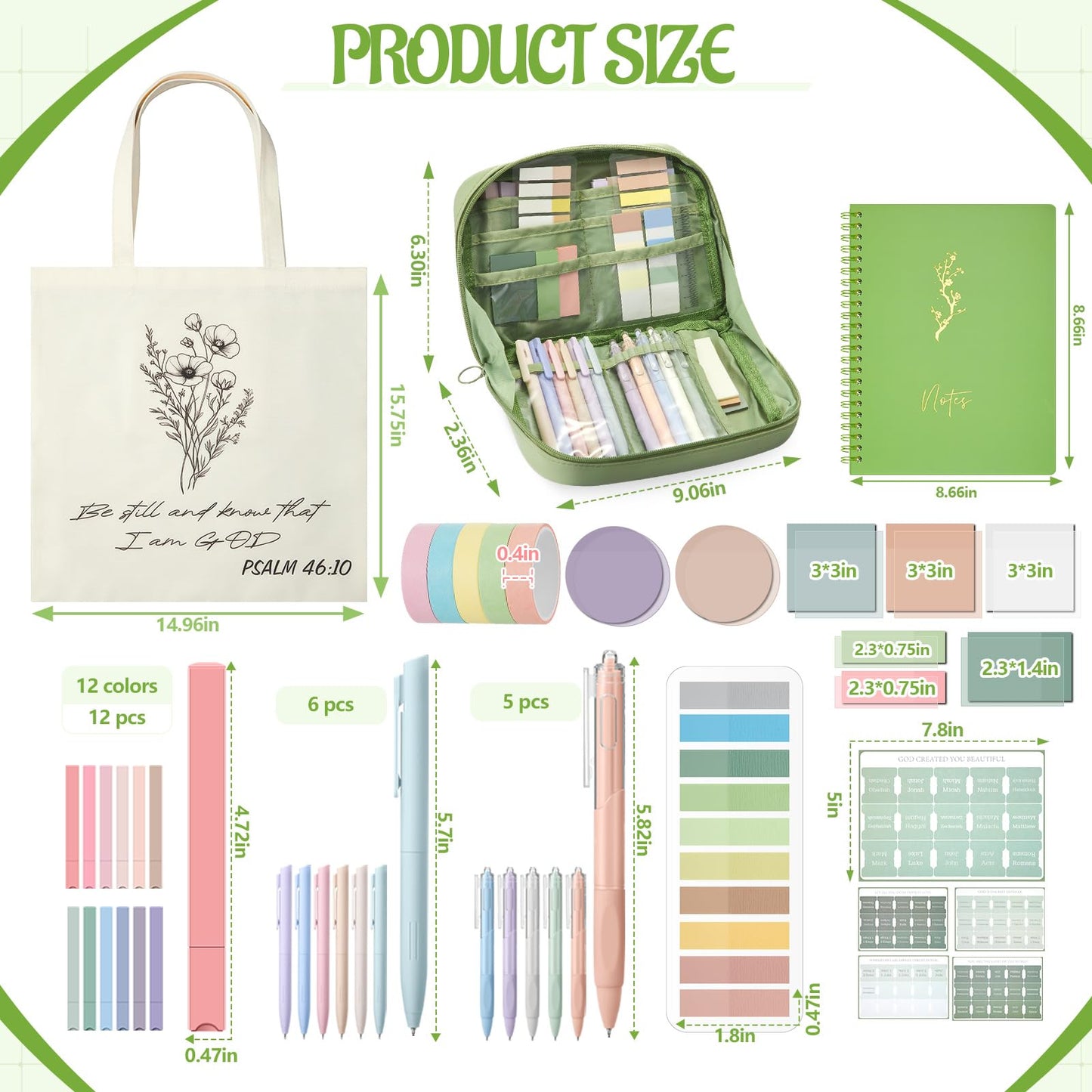 Jutom 110 Pcs Bible Study Supplies Bible Journaling Kit with Canvas Tote Bag Pen Case Notebook Highlighters Pen Sticky Note Tabs Page Markers Stickers Tape for Women Christian Christmas Gift(Green)