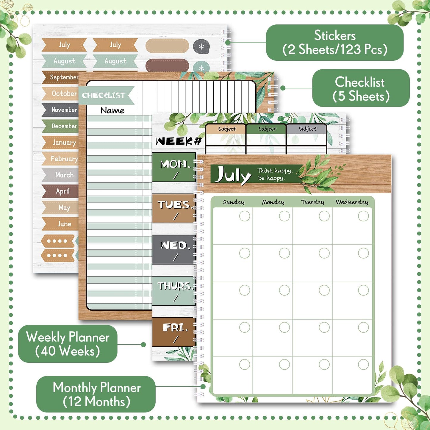 Fuyoooo Eucalyptus Teacher Planner Undated Academic Year Teacher Lesson Planner Book Green Plants Daily Weekly Monthly Spiral Planner Checklist Organizer with Stickers for Classroom, 8.5'' x 11''
