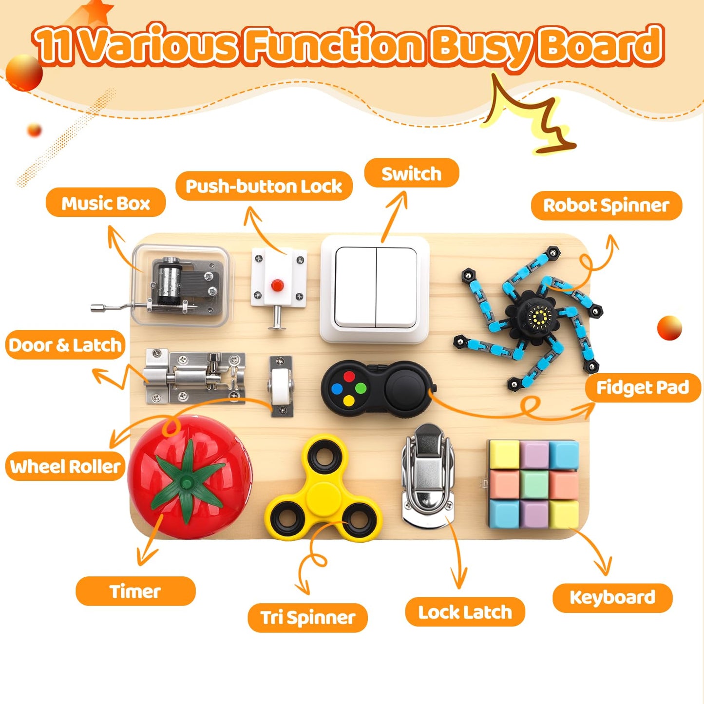 Busy Board Toy for Toddlers, 11 in 1 Wooden Montessori Educational Fidget Sensory Toy for Stress Relief, Activity Board Desk Gadget for Kids Preschool Learning, Car Airplane Travel Birthday Gift 11"