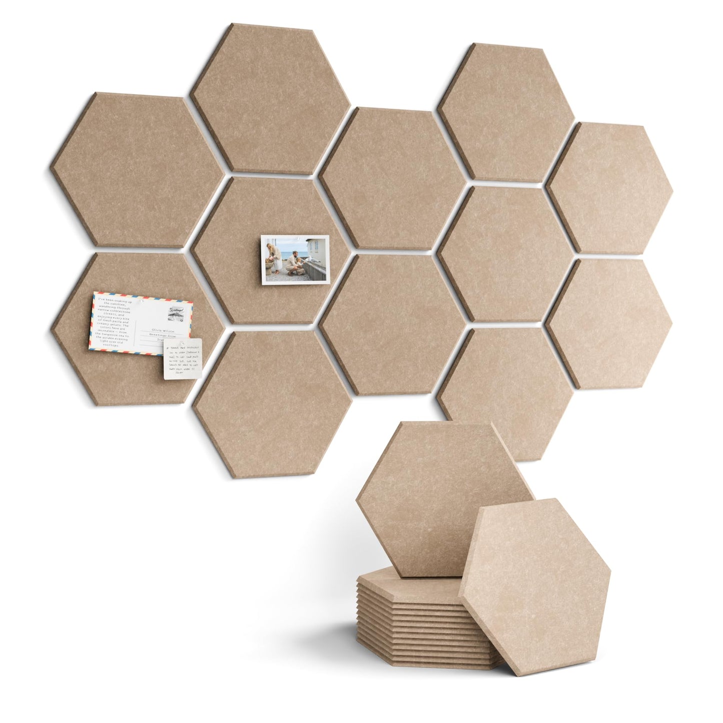 Fluxynara Hexagon Cork Board Alternative for Walls Decor-12-Pack Felt Bulletin Board Tiles,with 30 Pushpins,70 Adhesive Tabs for Office,Classrooms & Home Pin Board Felt Board-Taupe