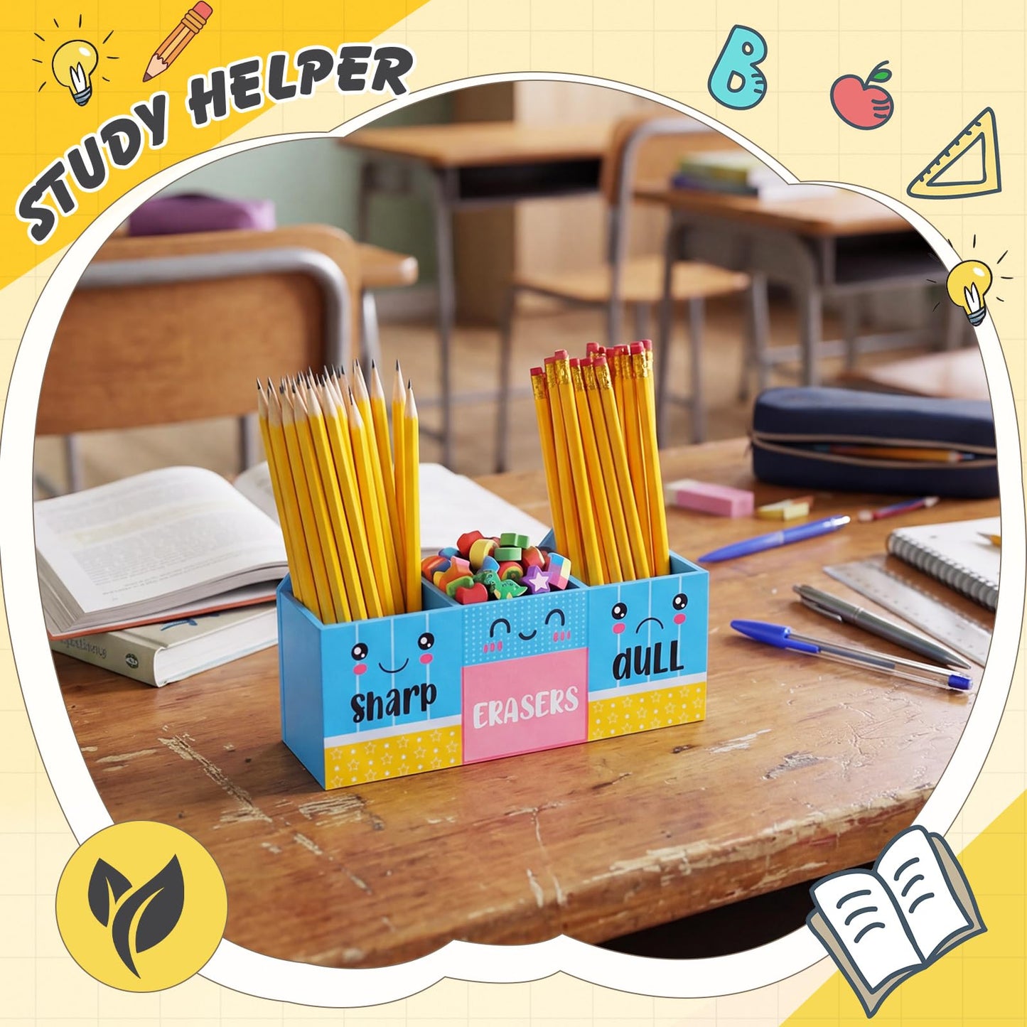 Eaasty Pencil Shaped and Sharp Dull Holder Eraser Wooden Dispenser Pencil Storage 3 Compartments for Back to School Teachers Classroom Organization(1 Pack,Blue Face)