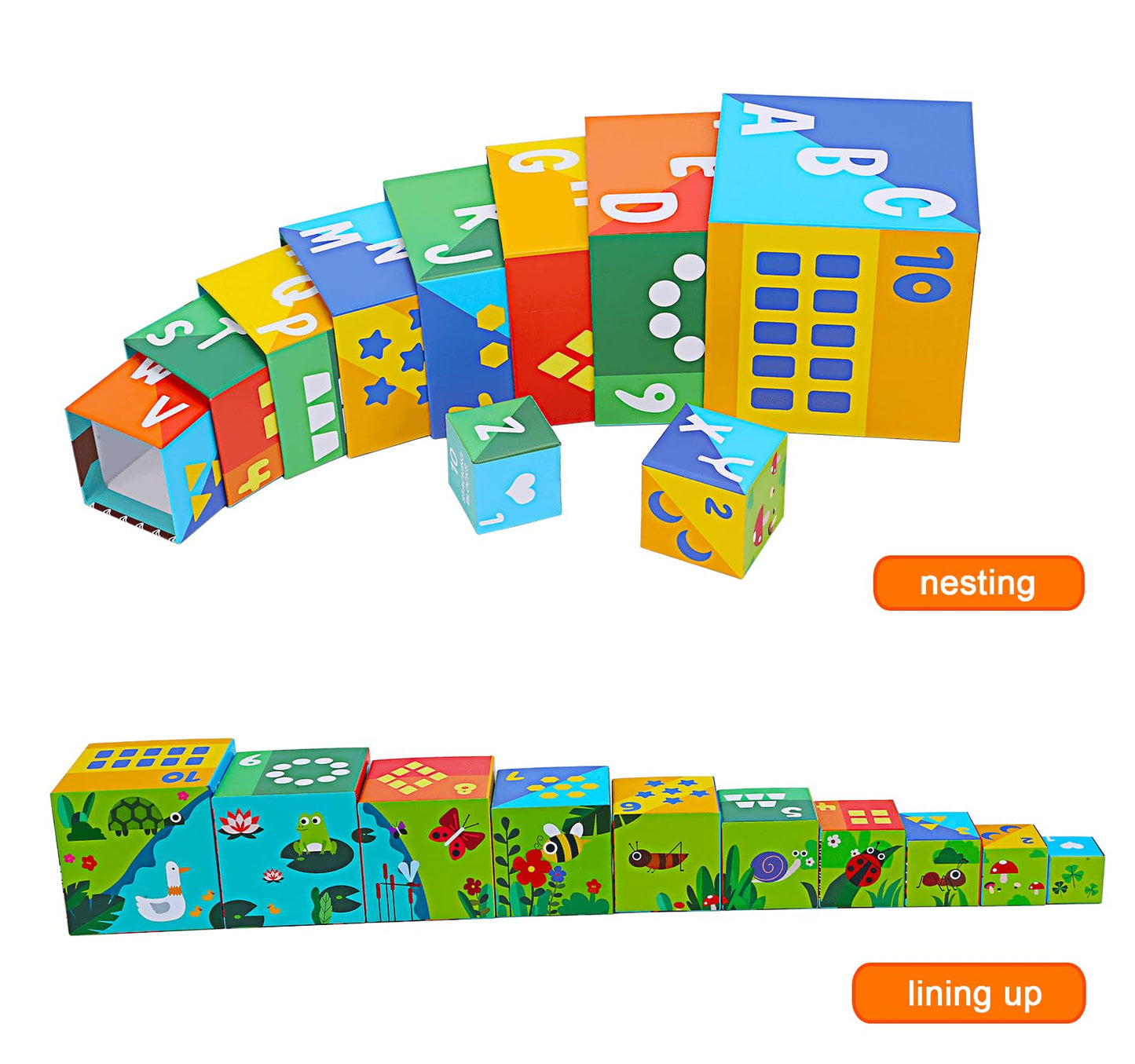 beeqoo 10 Pcs Nesting and Stacking Blocks for Toddlers 1-3 - Cardboard Stacking Cubes with ABC & Numbers - Montessori Educational Learning Toy - Sturdy Toddler Tower Building Set for Kids