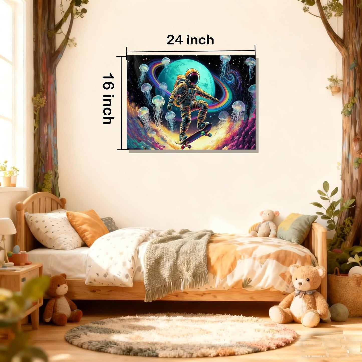 16x24 Framed Space Astronaut Skateboard Canvas Wall Art Colorful Galaxy Print with Jellyfish Rainbow Cosmic Tenn Boy Room Fantasy Decor Kids Bedroom Funny Earth Poster Child Study Room Office Picture