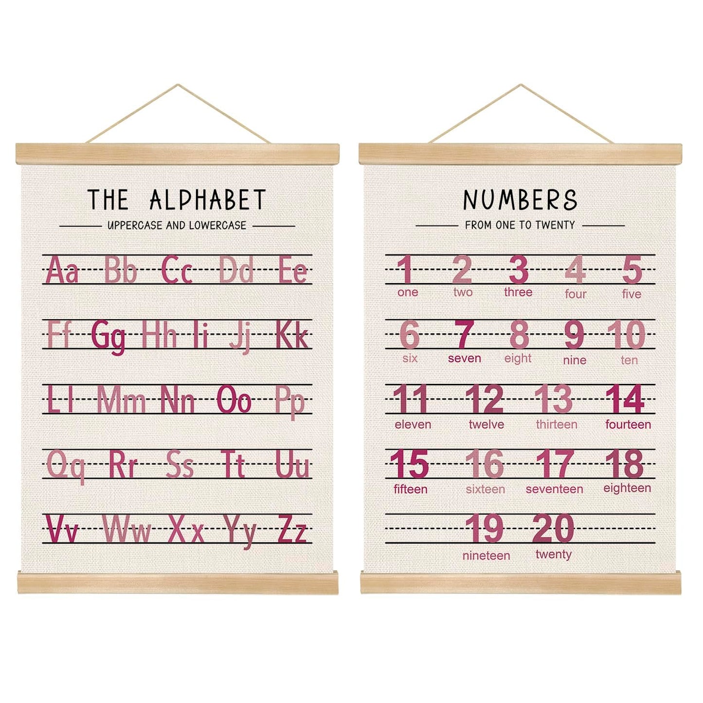 Alphabet and Numbers Wall Chart Set of 2 ,Nursery Educational Posters,Alphabet and 1-20 Number Learning Banners for Toddlers, Preschool Classroom, Homeschool, Playroom,Kids Room Decor 14 x 18.5 Inch(Pink)