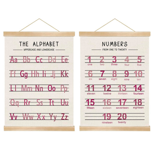 Alphabet and Numbers Wall Chart Set of 2 ,Nursery Educational Posters,Alphabet and 1-20 Number Learning Banners for Toddlers, Preschool Classroom, Homeschool, Playroom,Kids Room Decor 14 x 18.5 Inch(Pink)
