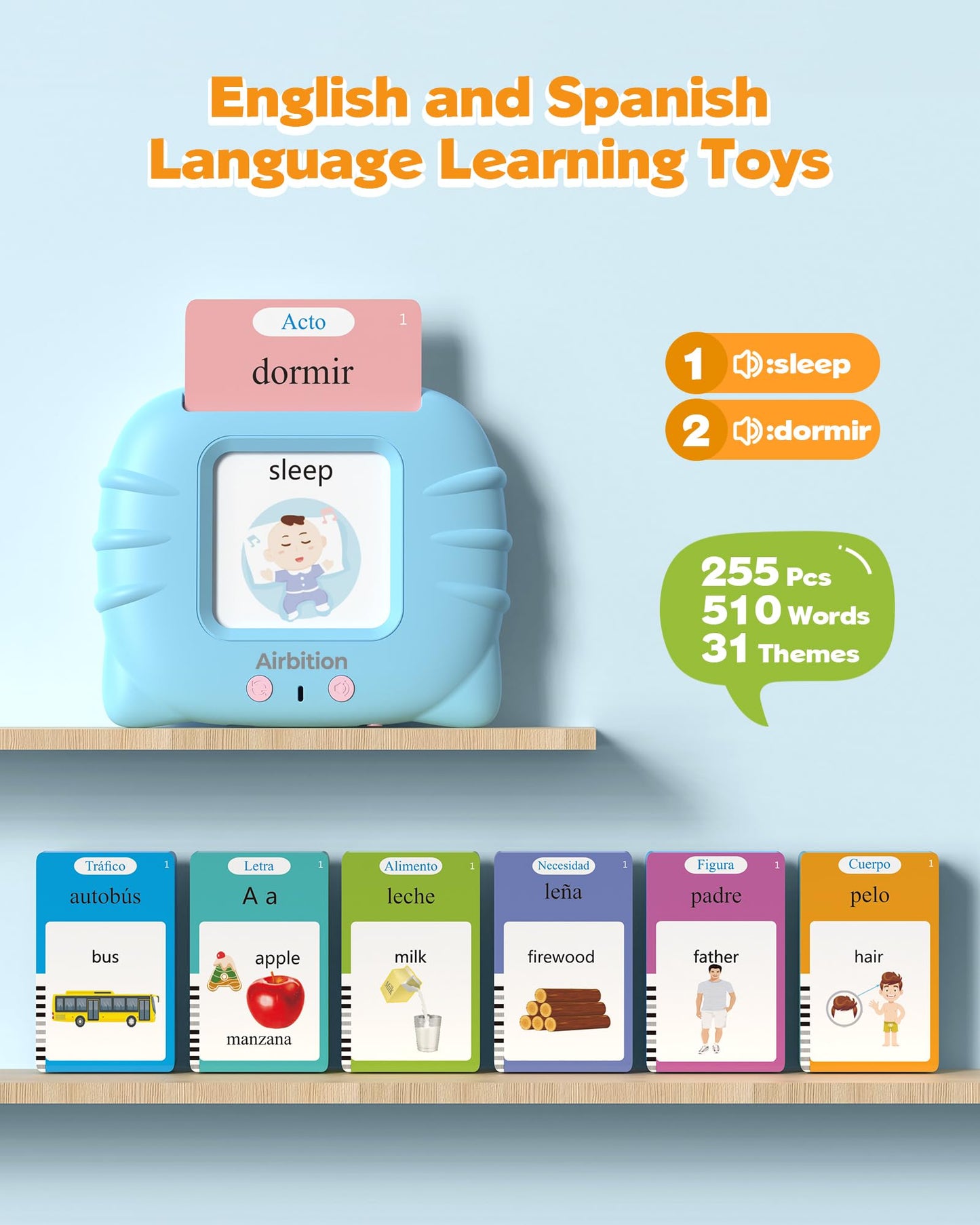 Airbition Bilingual Spanish and English Talking Flash Cards for Ages 2+, Pocket Speech Therapy Toy with 510 Words, Montessori Language Learning Toy, Children's Sensory Learning Kit