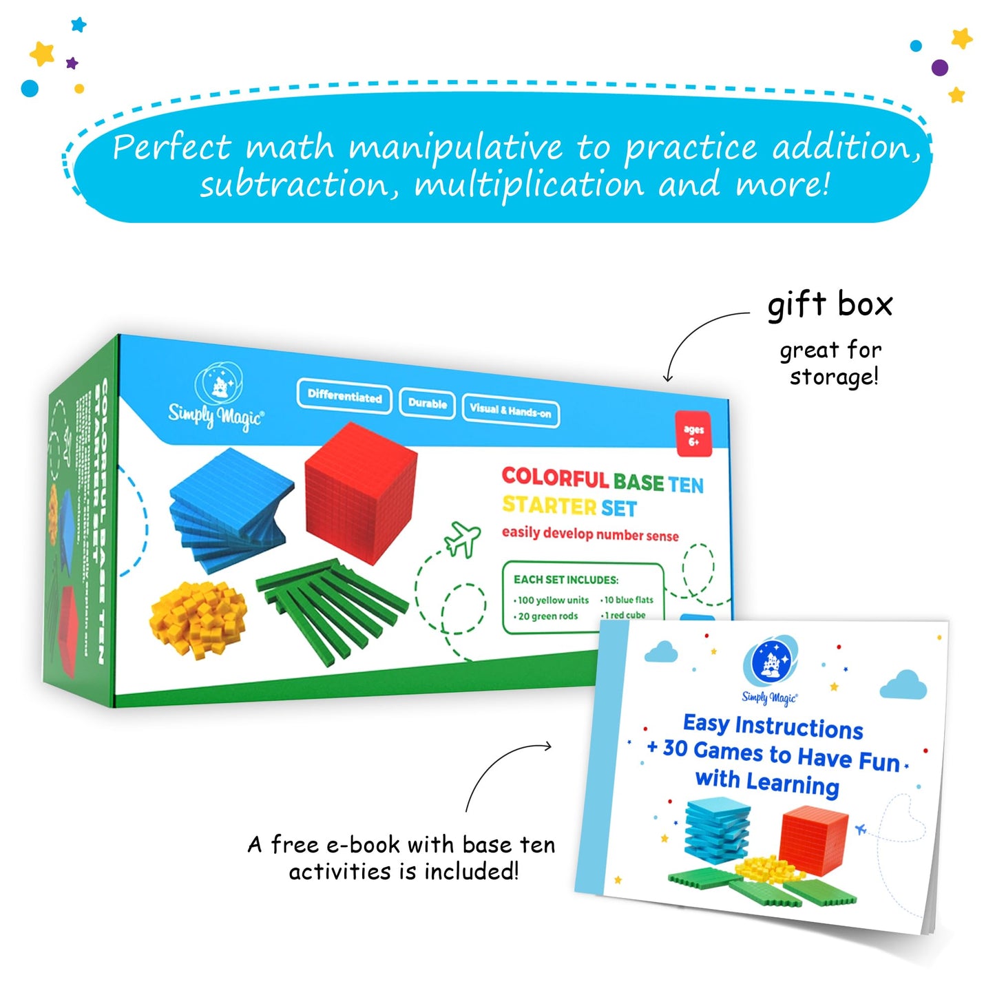 Simply magic 131 PCS Base Ten Blocks for Math - Place Value Blocks, Base 10 Math Manipulatives K-3, Math Counters, Number Blocks, Math Cubes for Kids, Counting Blocks - Kindergarten 1st 2nd 3rd Grade