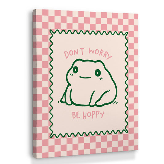 XINCEYWJ Frog Decor, Cute Funny Frog Classroom Wall Decor, Don't Worry Be Hoppy Pink Checkered Canvas Art Prints Framed, Mental Health Cute Funny Wall Art for Kids Bathroom Bedroom Office, 11x14 In