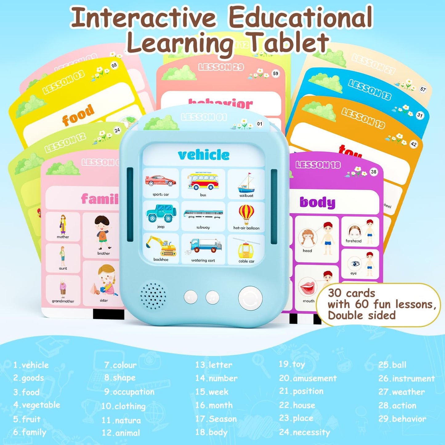 Interactive Educational Learning Tablet Toy for Kids,Screen-Free Phonics Learning Toy with 30 Flash Cards for Alphabets, Numbers, Words, Animals, Learn to Read for Boys Girls 3-5 Years Old, Blue