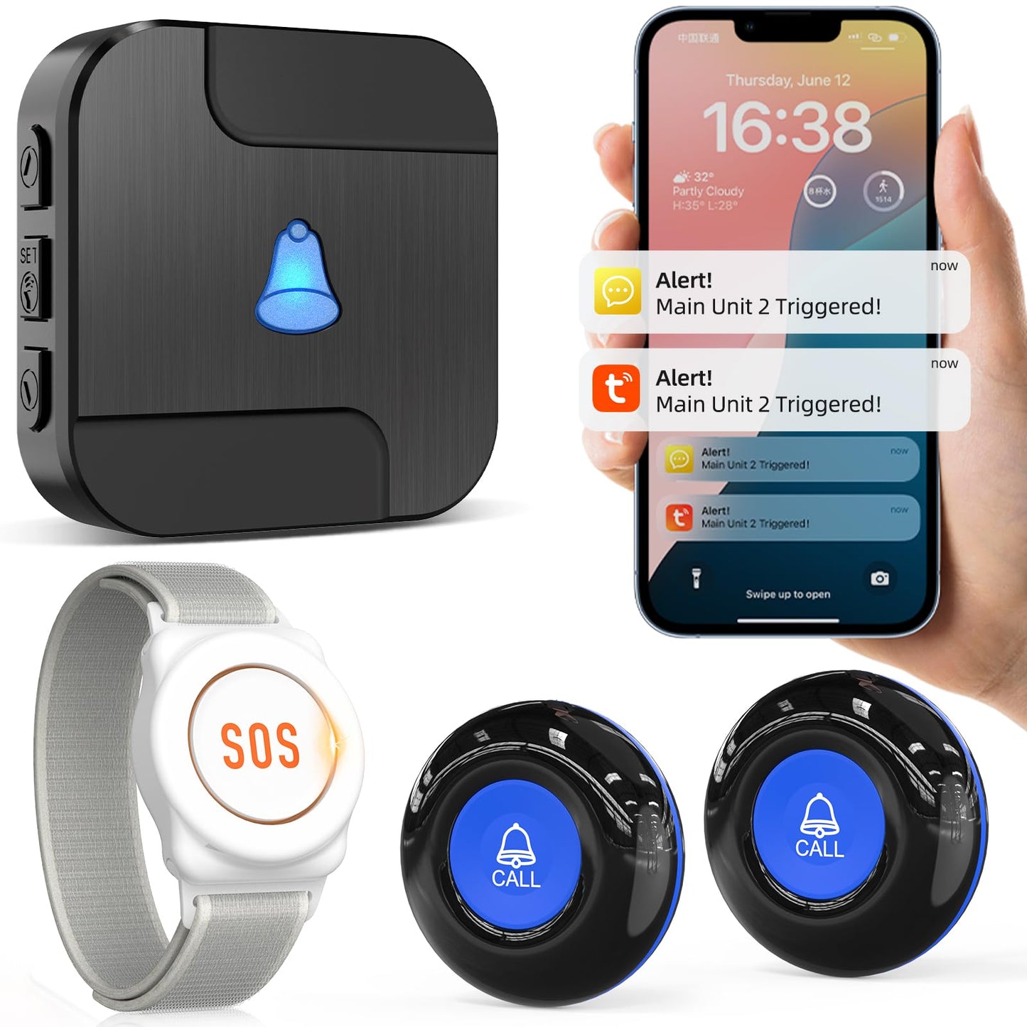 CallToU Wi-Fi Wireless Caregiver Pager Call Button for Elderly at Home, APP Emergency Alert Fall Help System for Seniors, Patients/Disabled Monitoring at Home