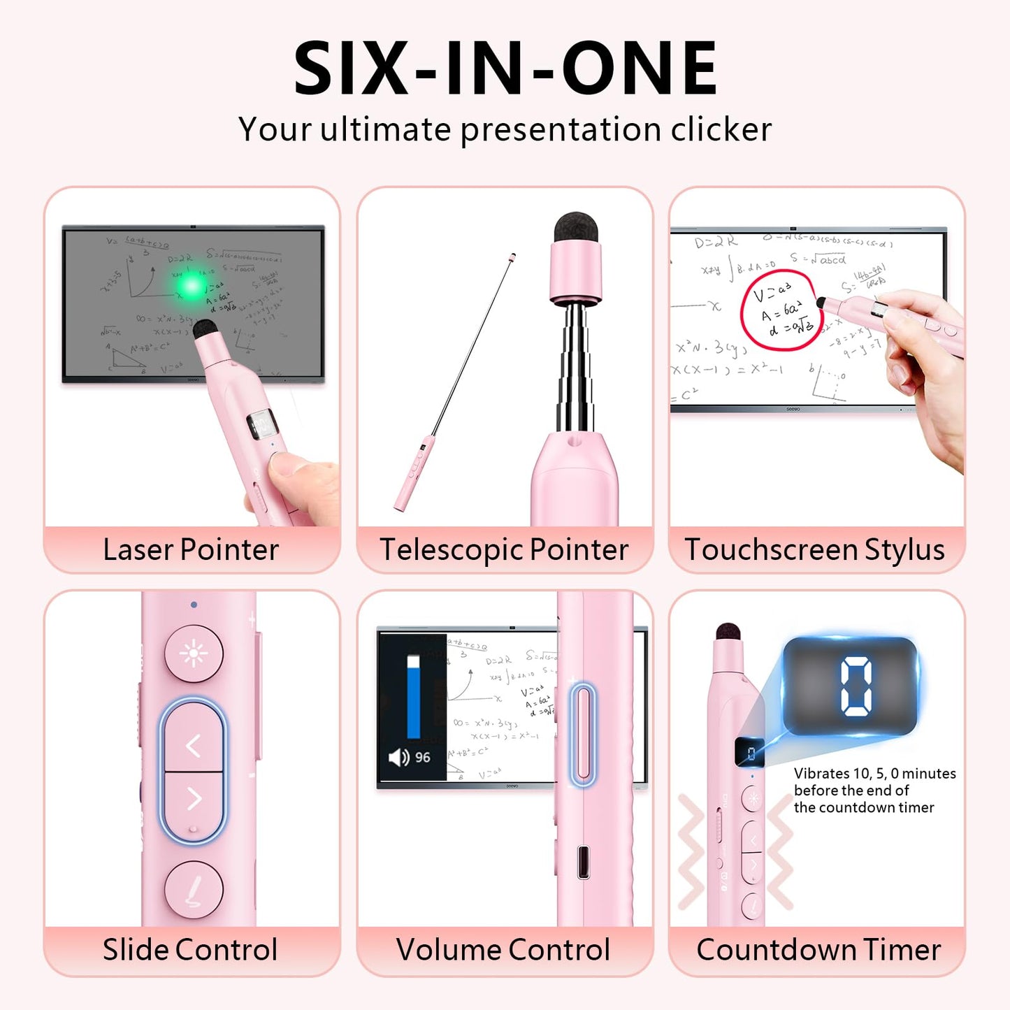 Norwii N21 Bluetooth Presentation Clicker with Telescopic Teaching Pointer, Presentation Remote with Retractable Stick for PowerPiont, Wireless Presenter, Slide Advancer - Pink