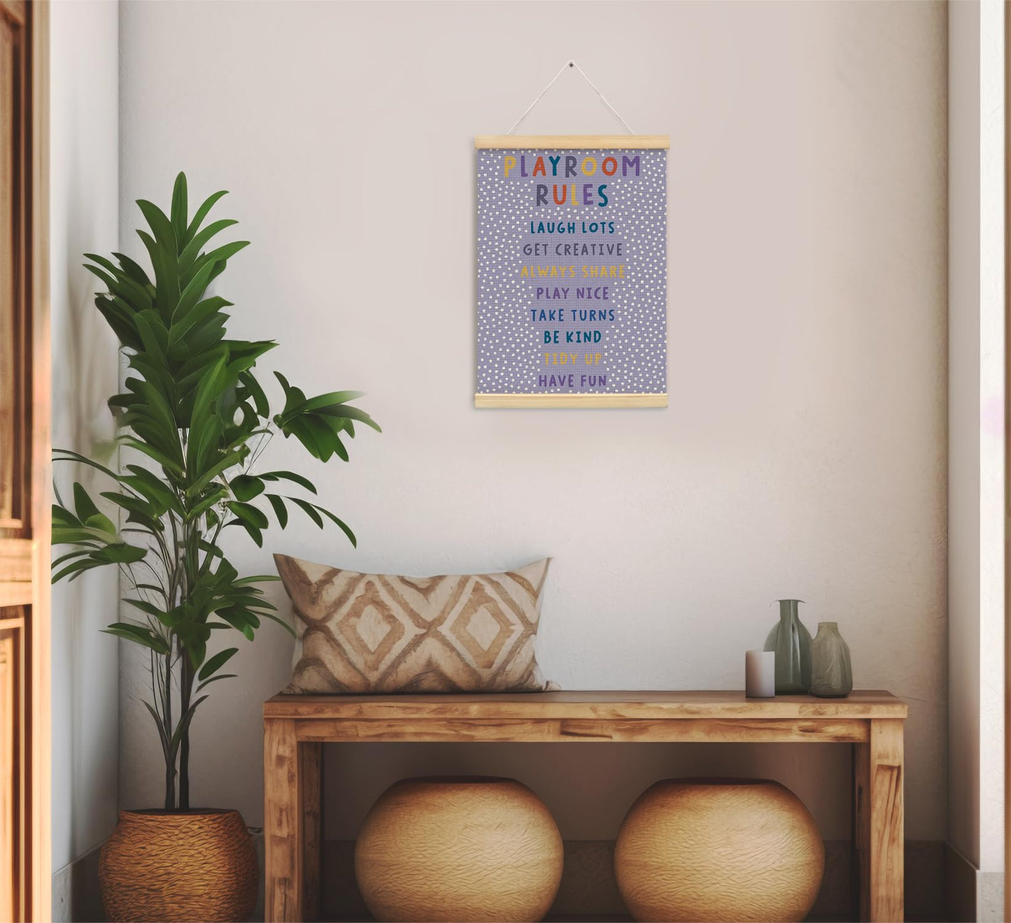 Playroom Kids Tollder Room Wall Decor, Play Room Rules Wall Decor for Kids Play Game Room Bedroom Nursery Home School Playroom Essentials, Canvas Hanging Banner Wood Poster Frameds(purple)