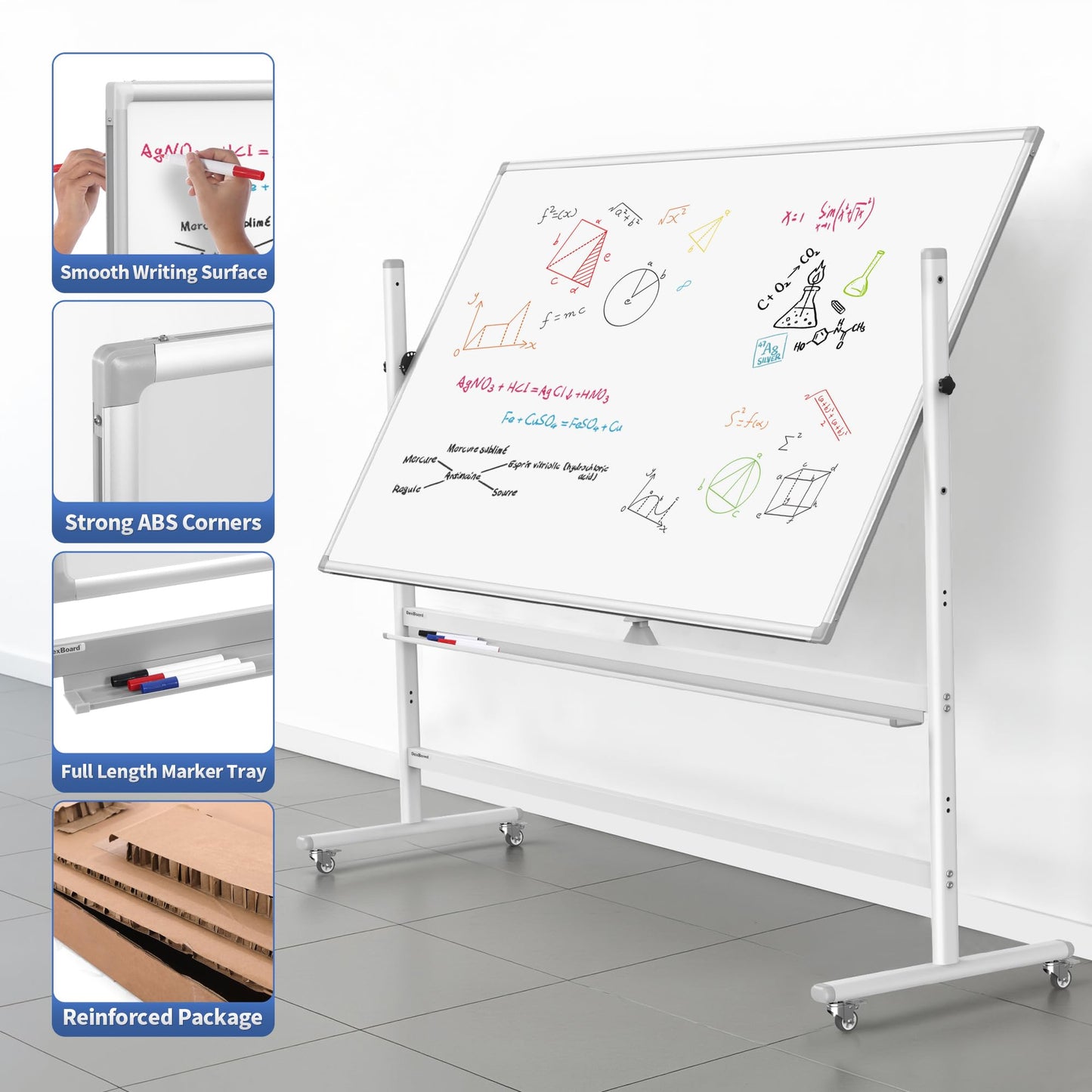 DexBoard Large Double Sided Whiteboard 72x40 inches on Wheels, Height Adjustable Mobile Magnetic Dry Erase Board with Rolling Stand for Office Meetings, Classroom Teaching, Home, Silver Frame