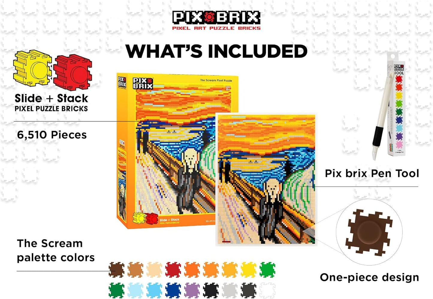 Pix Brix Pixel Art Puzzle Bricks - Pixel Puzzle of The Scream by Edvard Munch, 6,510 Pieces - Patented Colorful Slide + Stack Building Bricks to Recreate This Famous Painting, Builds Without Glue