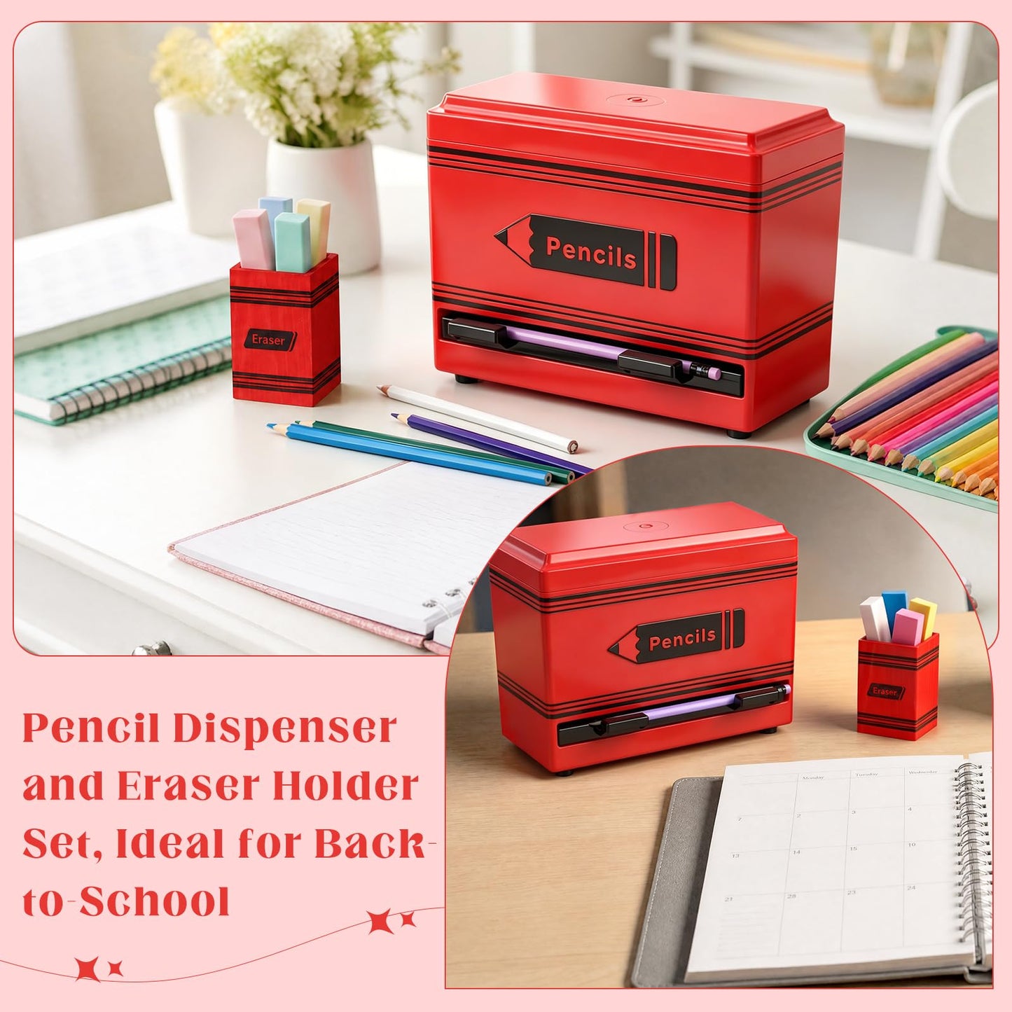 Gueevin 2pcs Pencil Dispenser for Classroom, Fun Desk Organizer with Eraser Holder, Interactive Pencil Storage for Teachers, Students & Homeschool Desk Organizer, Back to School Supplies(Red)