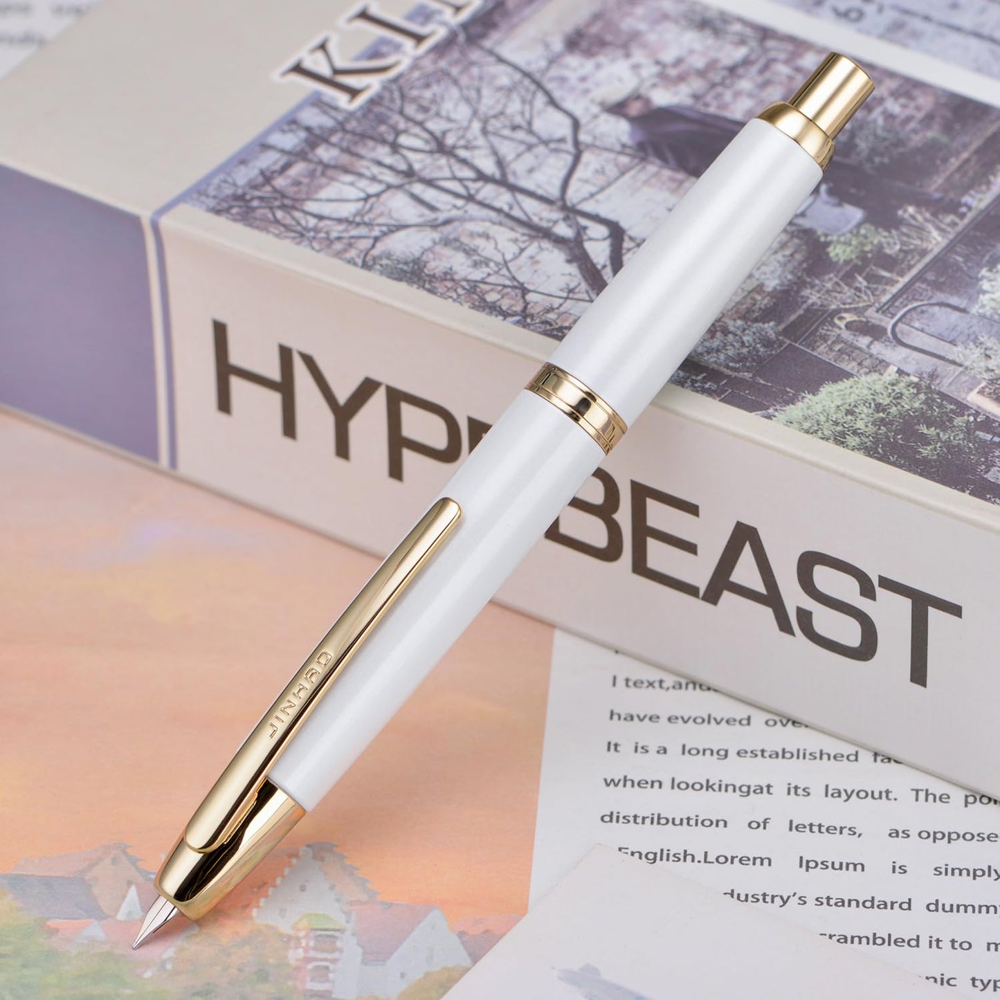 Jinhao 10 Press Fountain Pen with Box, Pearl White Retractable Extra Fine Nib with Ink Converter Set (Golden Clip)