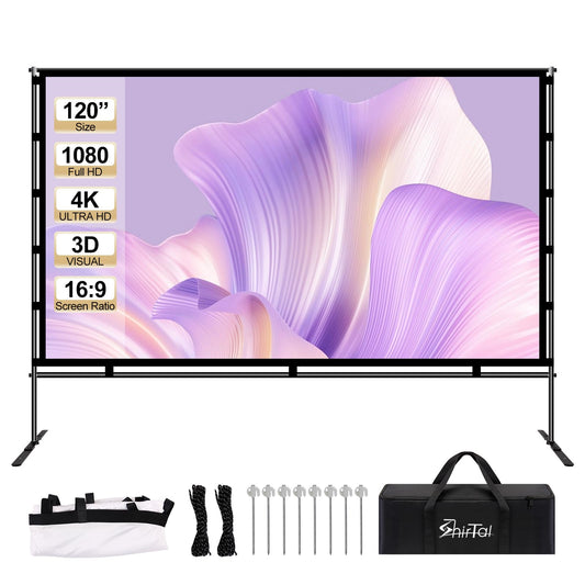 Shirtal Projector Screen with Stand,Portable 120 Inch Indoor Outdoor Projector Screen,16:9 4K HD Anti-Crease Movie Screen with Carry Bag for Home Backyard,Theater,Camping