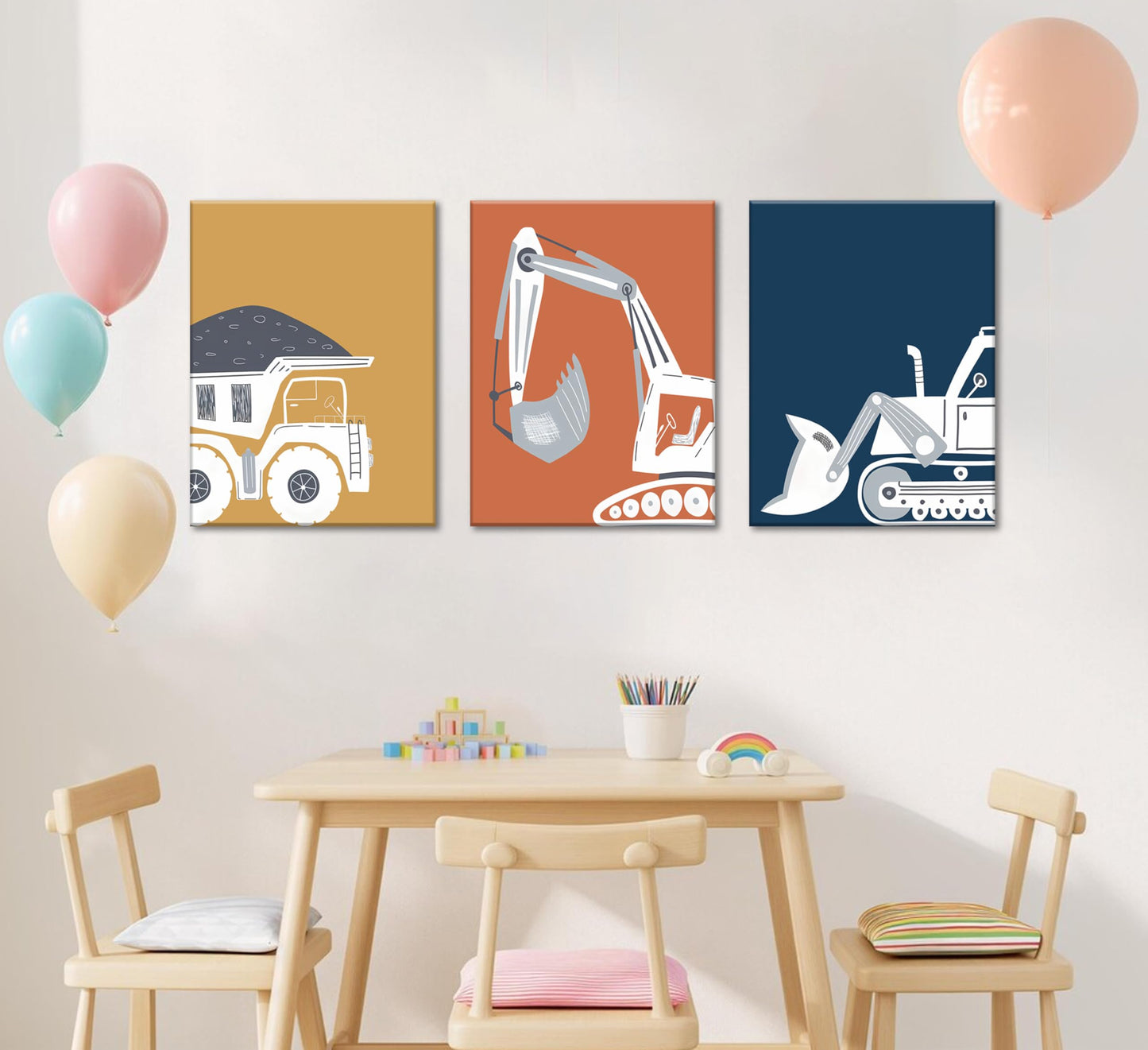 3 Pcs Construction Truck Nursery Canvas Wall Art Excavator Dump Truck Tractor Painting Picture Wall Decor Poster Print Artwork Kids Room Boys Room Baby Room Home Decoration