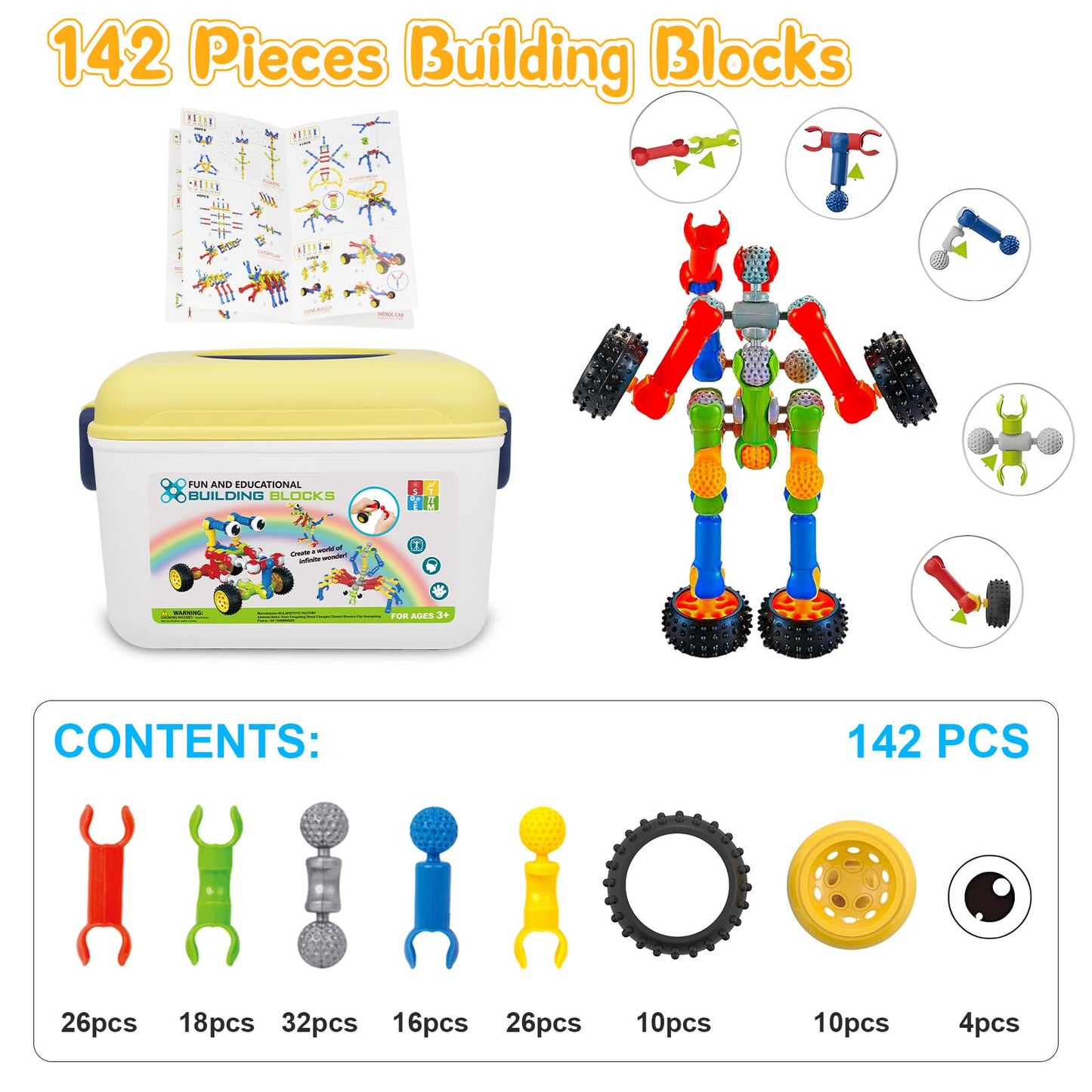 Caferria Building Blocks STEM Toys for 3 4 5 6 7 8+ Year Old Boy Girl Birthday Gift, 142 Pcs Building Toys for Preschool Classroom Educational Toy Building Sets Creative Activities for Kids