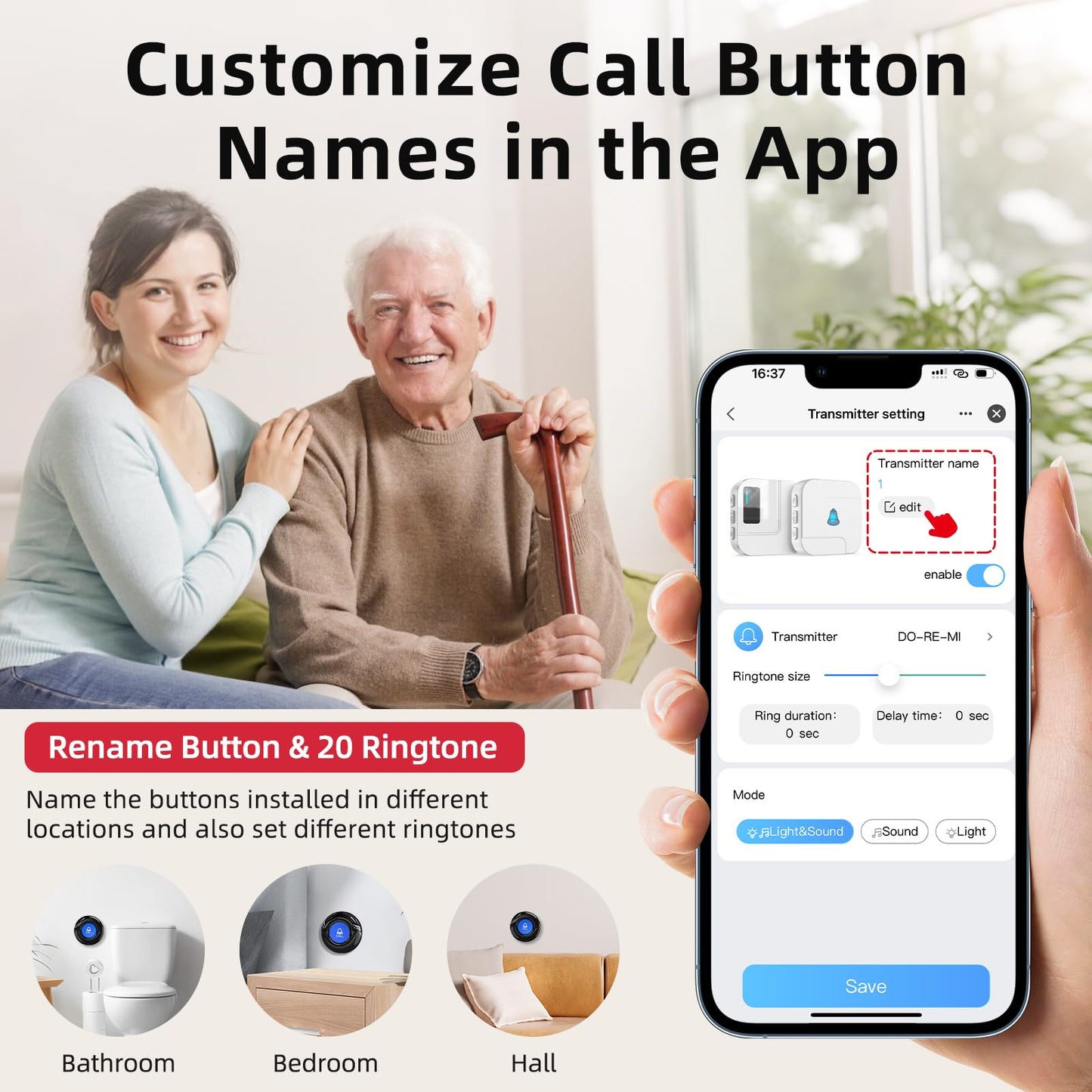 CallToU Wi-Fi Wireless Caregiver Pager Call Button for Elderly at Home, APP Emergency Alert Fall Help System for Seniors, Patients/Disabled Monitoring at Home
