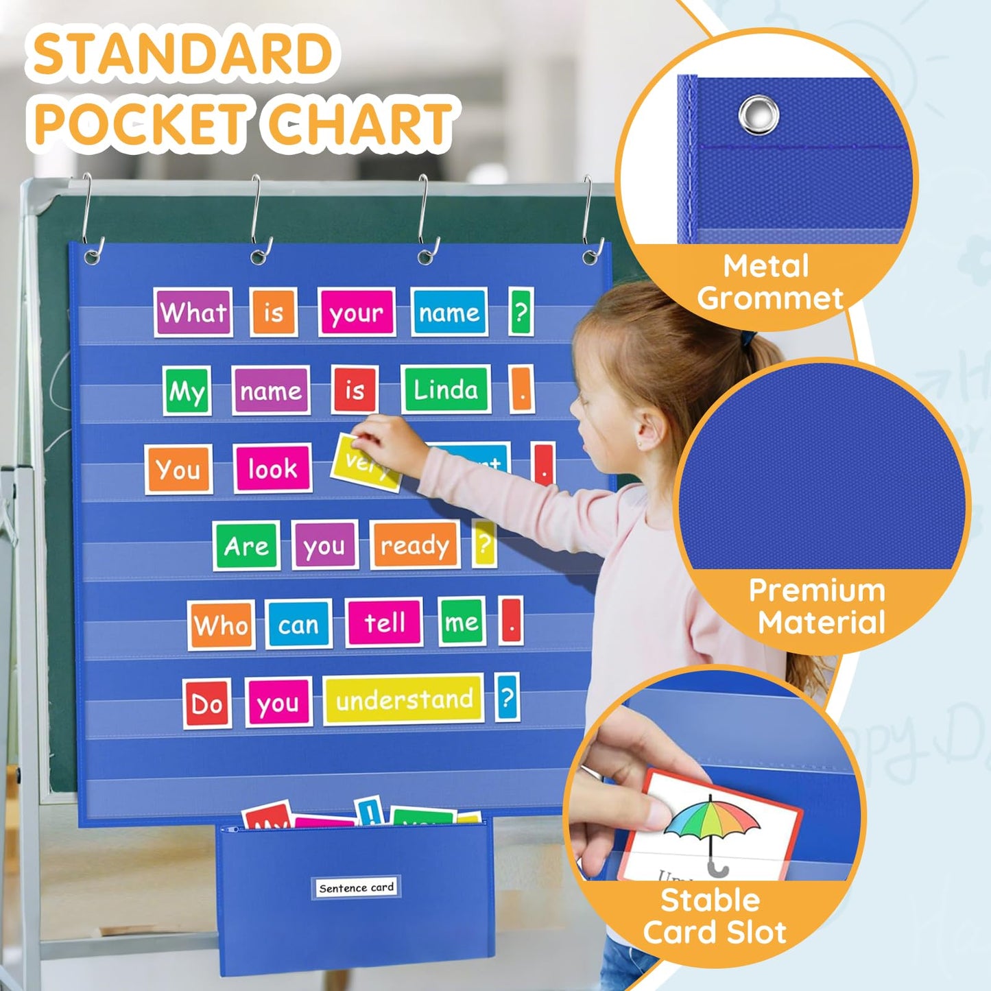 ALSLEA Standard Pocket Chart for Classroom with Zipper Storage Bag 28"x28" Wall Hanging File Display Pocket Chart with 7 Sentence Strips Holder Teacher Essential (Blue)
