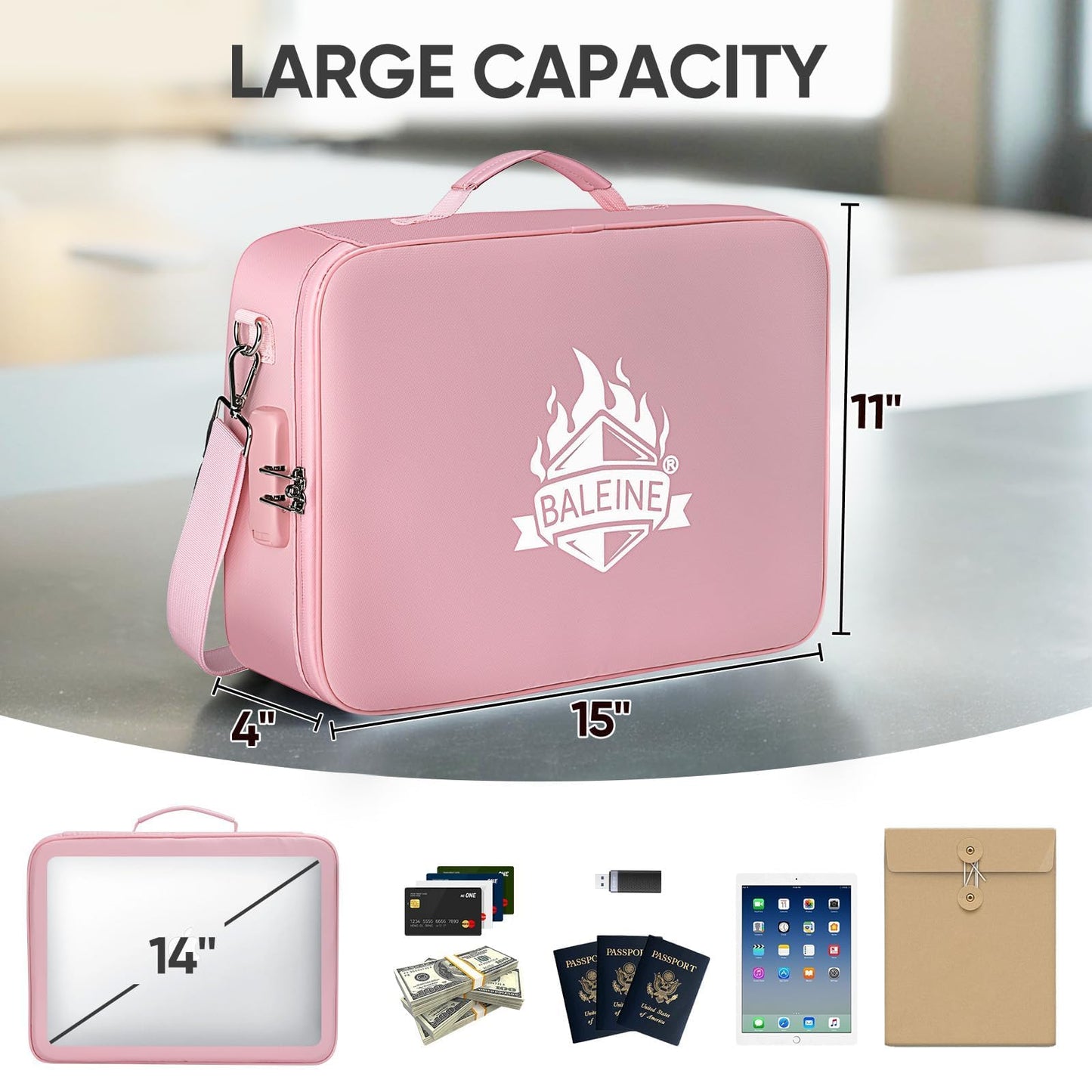 BALEINE Fireproof Document Box with Lock, Portable Fireproof Document Bag Waterproof Fire Proof File Boxes for Documents, File Organizer Box for Important Paperwork (Pink, 15''x11''x4'')