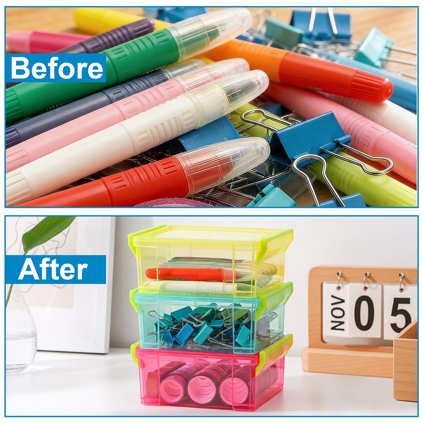 Nicunom 12 Pack Stackable Small Storage Containers with Latching Lids, Clear Plastic Craft Organizer Boxes Bulk for Crayons, Pencils, Art, Craft, Hobby, School Supply, 3 Colors, 5.2x3.9x2.4 Inch