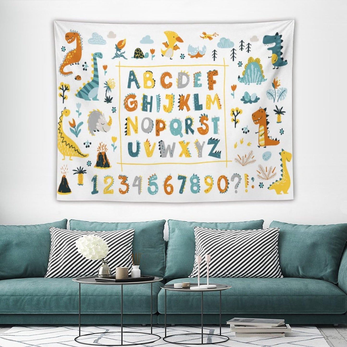 DDCBNS Cartoon ABC Alphabet Tapestry for Kids Boys Girls,Cute Dino Funny Animal Print Educational Tapestry Wall Hanging Home Décor for Study Bedroom Living Room Nursery 80" x 60"