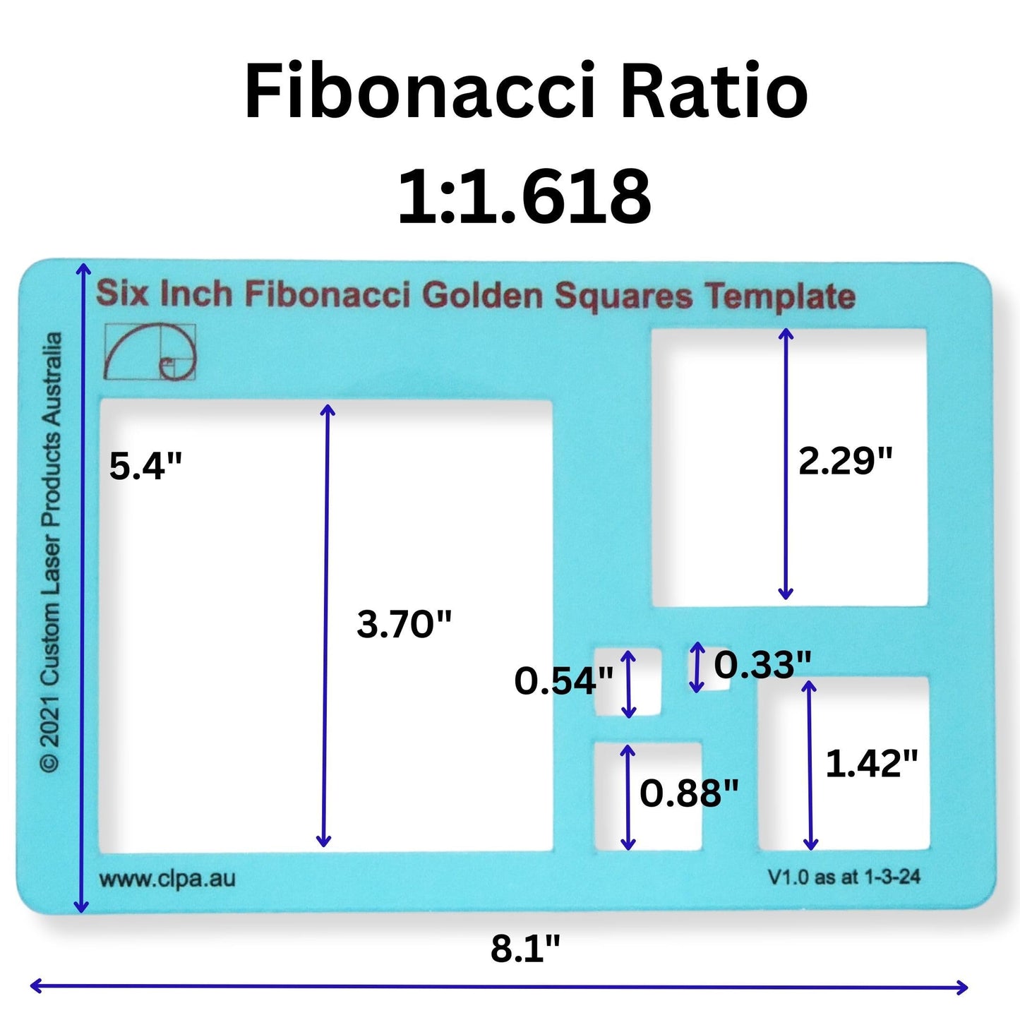Fibonacci 2-Piece Template Set — 6" Square and Spiral — Golden Ratio Drawing Tools — Fibonacci Art and Drafting Stencils — Clear PETG — Made in Australia