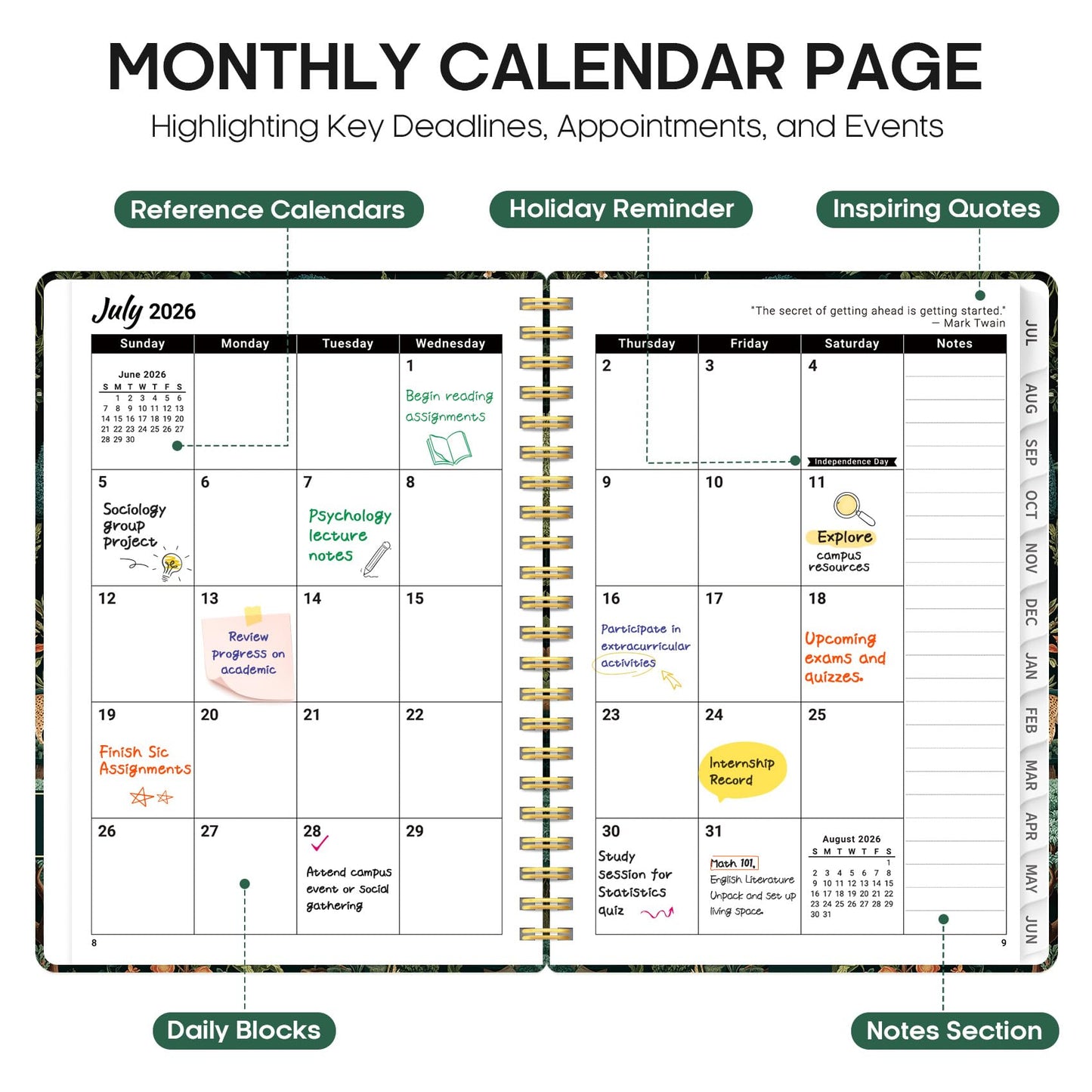 Planner 2026-2027, Academic Year Weekly and Monthly Calender Planner, from Jul 2026 - Jun 2027, Spiral Bound School Planning Book, Perfect for Teacher, Student, Women & Men, A4 (8.5" x 11"), Enchanted Grove
