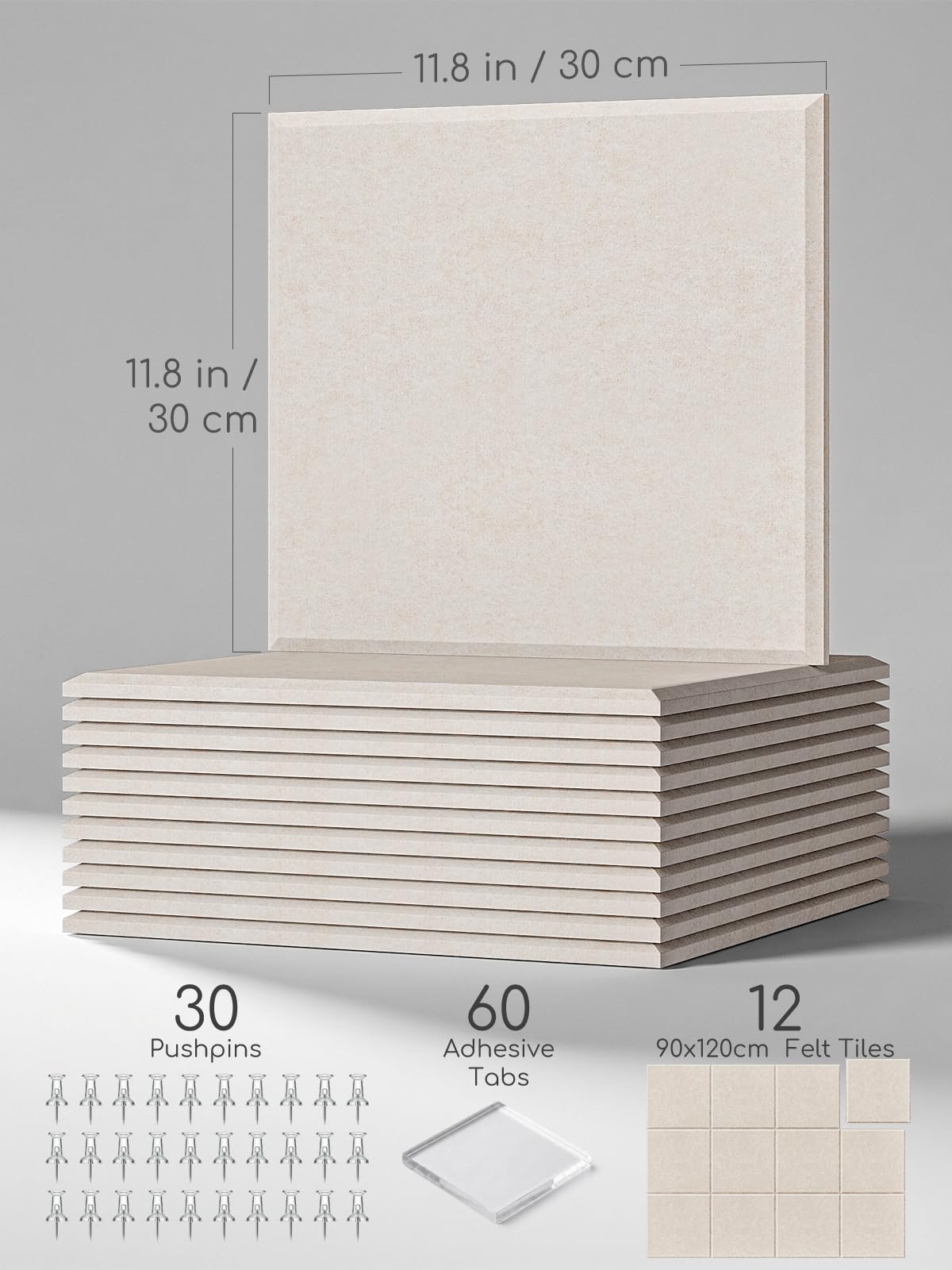 Lightomorrow 0.47" Thick Felt Pin Board Tiles, 12 Pack 11.8 x 11.8 in Bulletin Board 48" x 36", Cork Board Alternative with Adhesive & 30 Push Pins for Home Office Classroom, Oatmeal