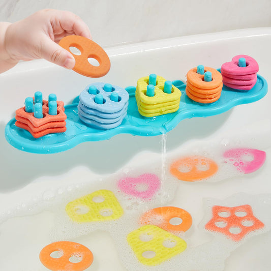 Toddler Bath Toys for Kids Ages 1-3, 21PCS | Mold Free Bath Toys Silicone Color and Shape Sorting & Stacking Toys | Easy Grip Soft Textured Floating Pieces | Early Learning Tub Toys for Toddlers Gift