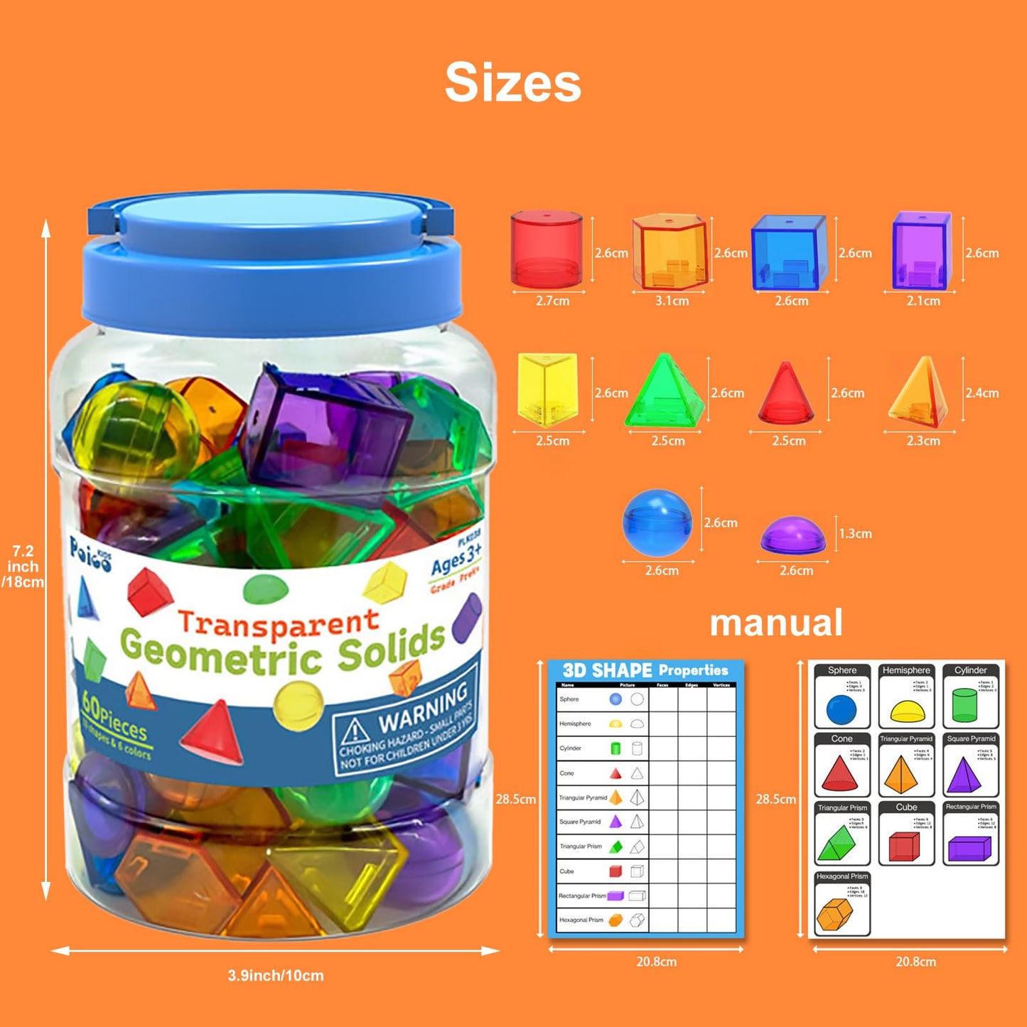 EXBEPE 3D Geometric Solids 60 Pcs for Kids Translucent Geometric Shapes for Geometry Beginnings,Light Table Manipulatives Toy Math Helper School Supplies