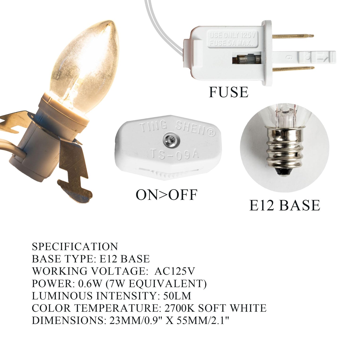 Dazzle Bright LED Accessory Cord with On/Off Switch, E12 Socket, 6 FT, 2 Pack, White, Model 31001A-09