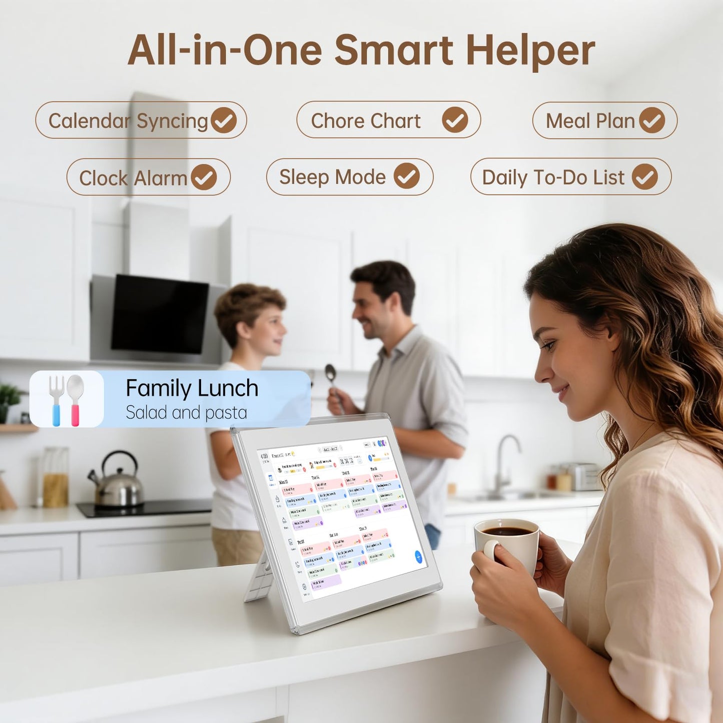 Digital Calendar Wall Touch Screen, 15.6 Inch Smart HD Electronic Calendar for Family & Chore Chart with Meal Planner, Built-in Digital Photo Frame, Gift for Parents & Kids, Desk Stand & Refills (White)