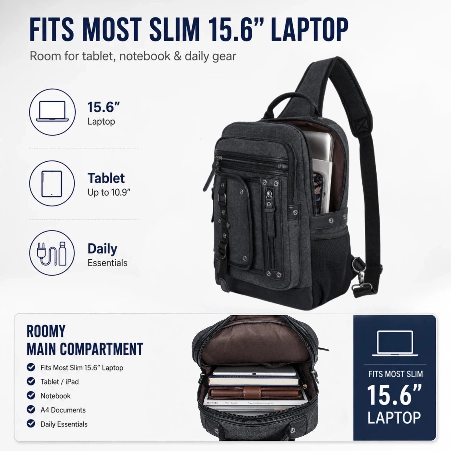 Schkleier Cross Body Bag for Men: Large Canvas Sling Backpack Messenger Bag Fits 15.6 Inch Laptop for Work Commute