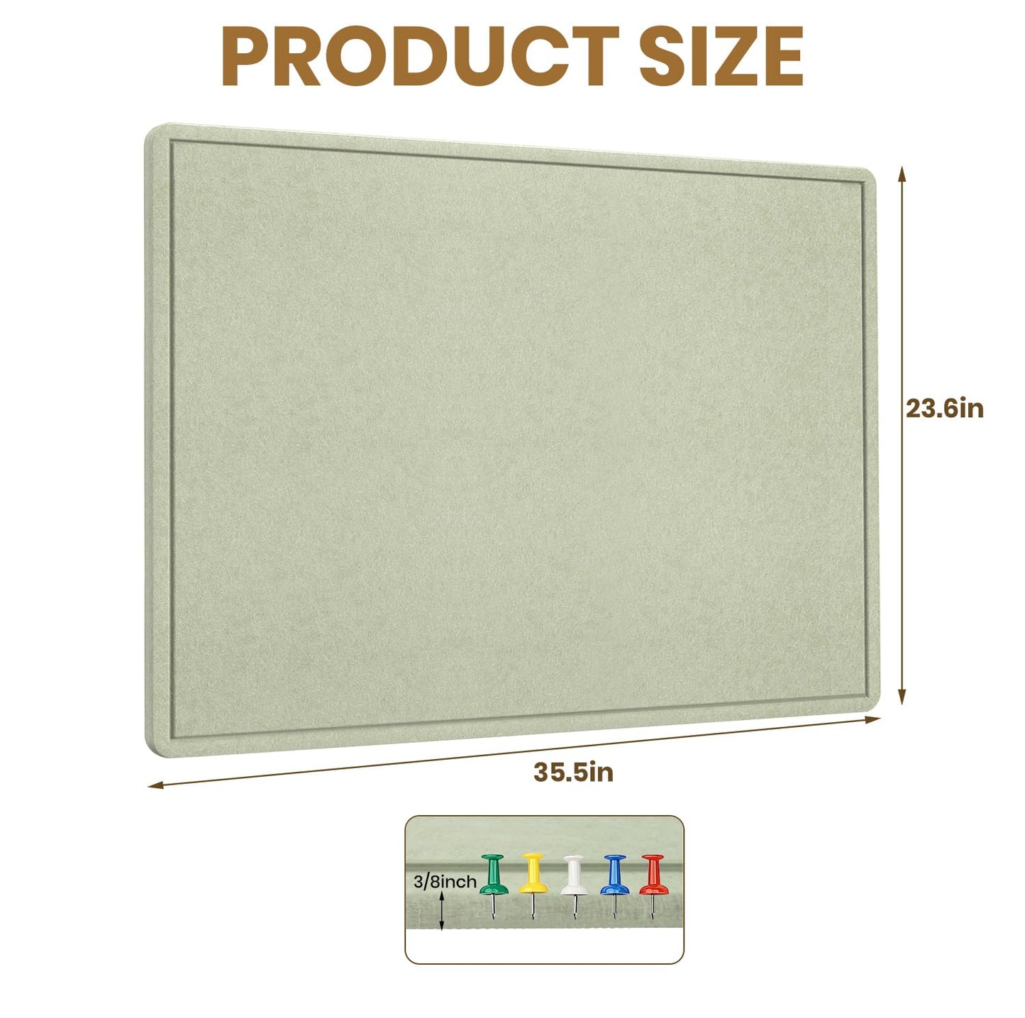 Bulletin Board, 36 X 24 inches Cork Board with 20 Pushpin, Felt Cork Board Notice Pin Board, Self-Adhesive Vision Board Mood Board Foldable Photo Board for Wall - Sage Green