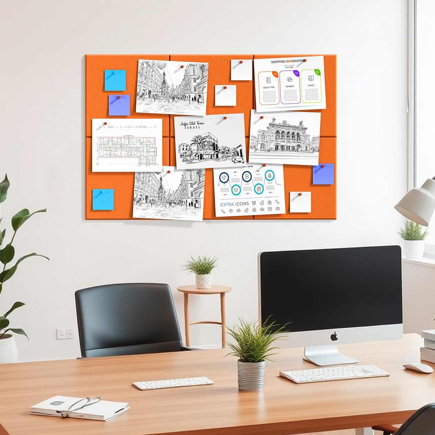 MaxGear Large Cork Board for Wall 36" x 24", Orange Bulletin Board, 6 Pack Felt Wall Tiles with Pushpins, Cork Boards for Office Push Pin Board Tack Board Felt Board