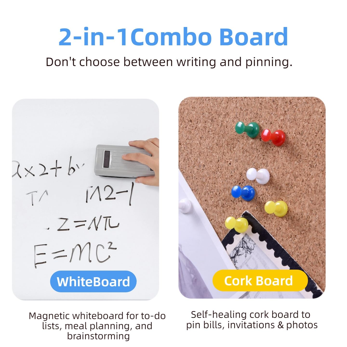 DexBoard Magnetic White Board and Cork Board Combo, 24" x 18" Combination Bulletin & Dry Erase Board, Wall Mounted for Home, School and Office, Black Aluminum Frame