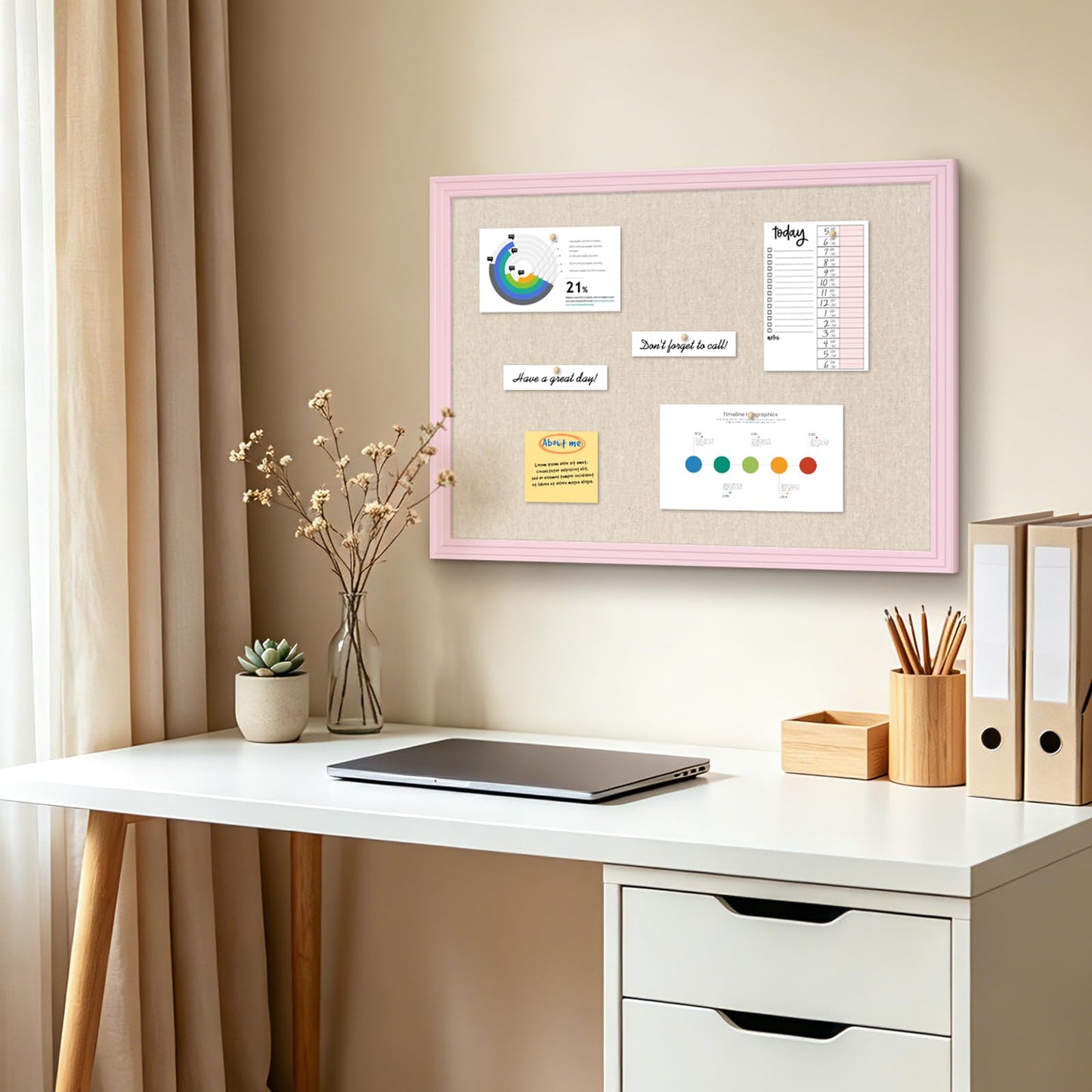DOLLAR BOSS Linen Bulletin Board 36" x 24", Decorative Cork Boards for Walls with White Wood Frame, Premium Fabric Pin Board for Office, Home & School Room Decor, Pink