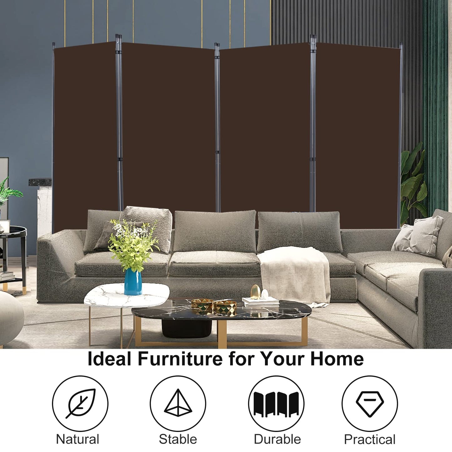 YASRKML Room Divider Folding Privacy Screens, Portable Room Divider Panel 4 Panel Partition Room Dividers Screen, Freestanding Room Partitions and Dividers Fabric Dividers for Room Separation, Brown