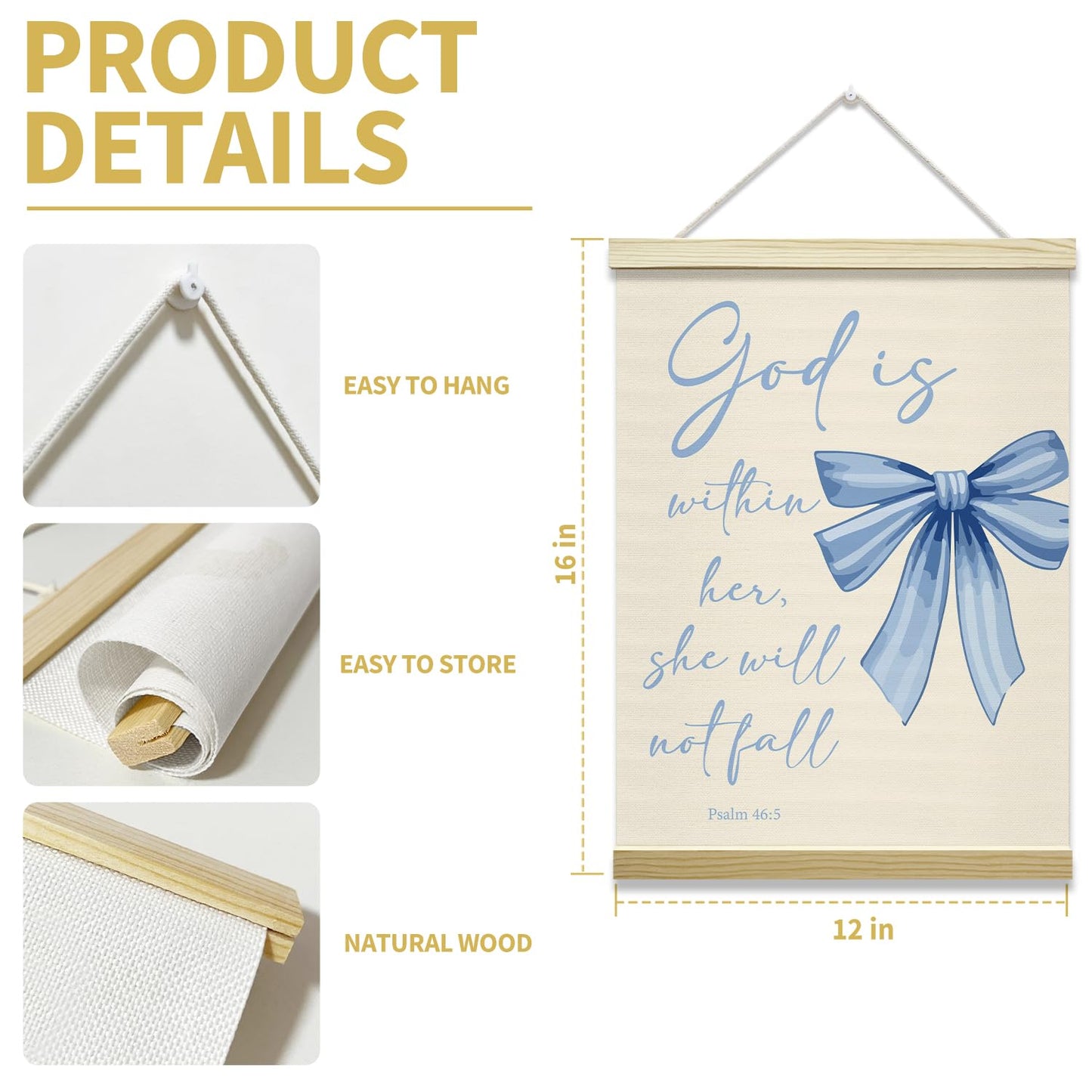 Blue Bow Coquette Poster Hanger Frame, God is within Her Bible Verse Christian Posters Canvas Wall Art for Women Girls Dorm Bedroom Decor, 12x16 Inches -030