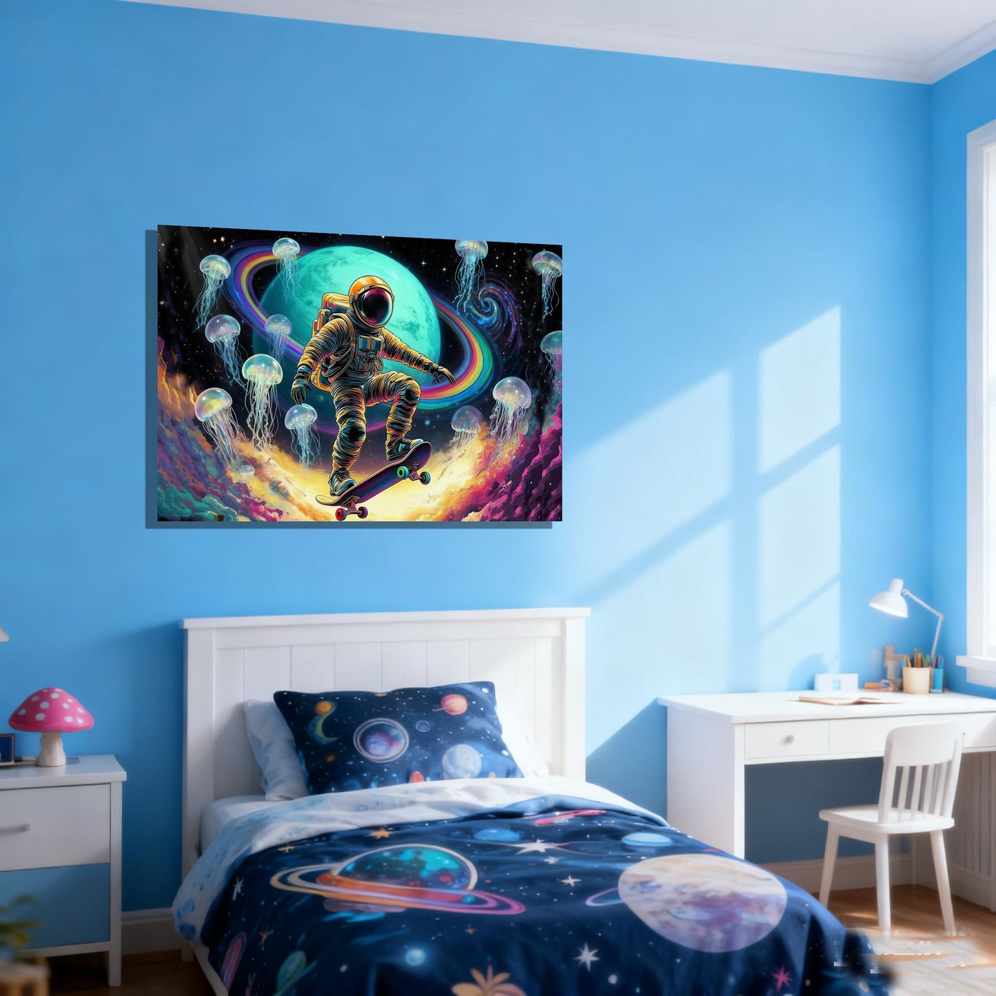 16x24 Framed Space Astronaut Skateboard Canvas Wall Art Colorful Galaxy Print with Jellyfish Rainbow Cosmic Tenn Boy Room Fantasy Decor Kids Bedroom Funny Earth Poster Child Study Room Office Picture