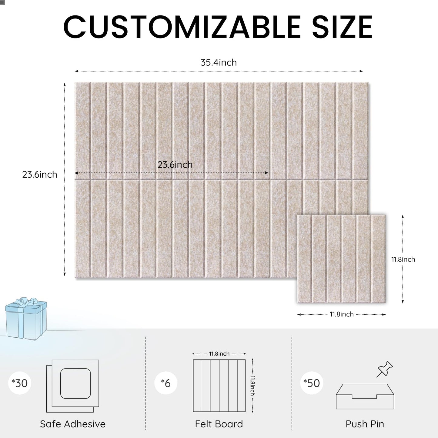 Large Cork Bulletin Board for Wall 36"x24", 6 Pack Felt Slat Wall Panel Tiles with 50 Pushpins, 30 Safe Removable Adhesive Tabs, Decorative Pin Board Tack Board for Office Home School (Beige, 36"x24")